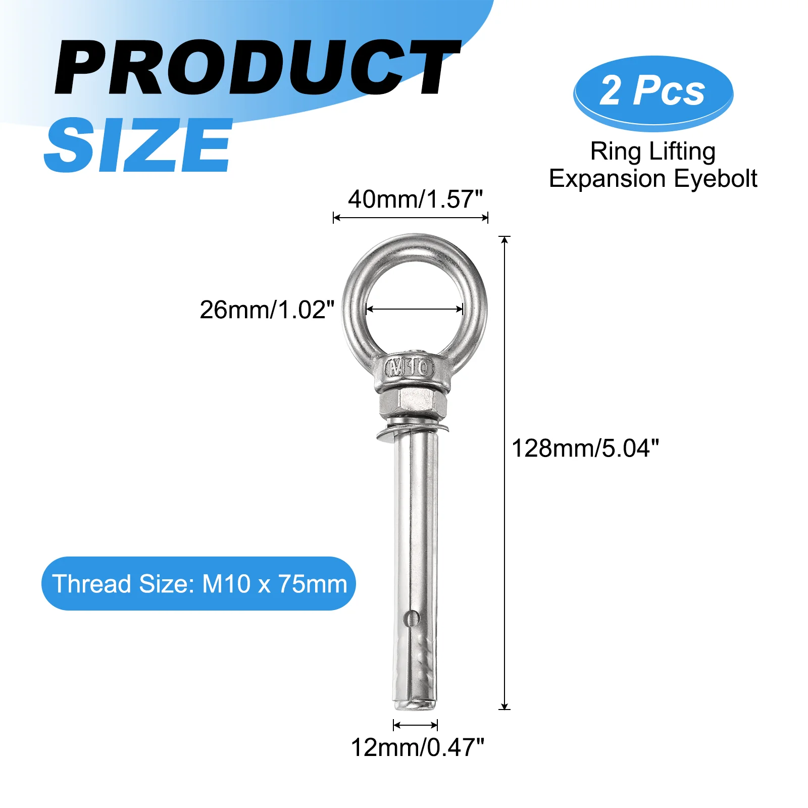 2 Pcs M10x75mm 201 Stainless Steel Expansion Lifting Eyebolt with Eye Ring - Image 2