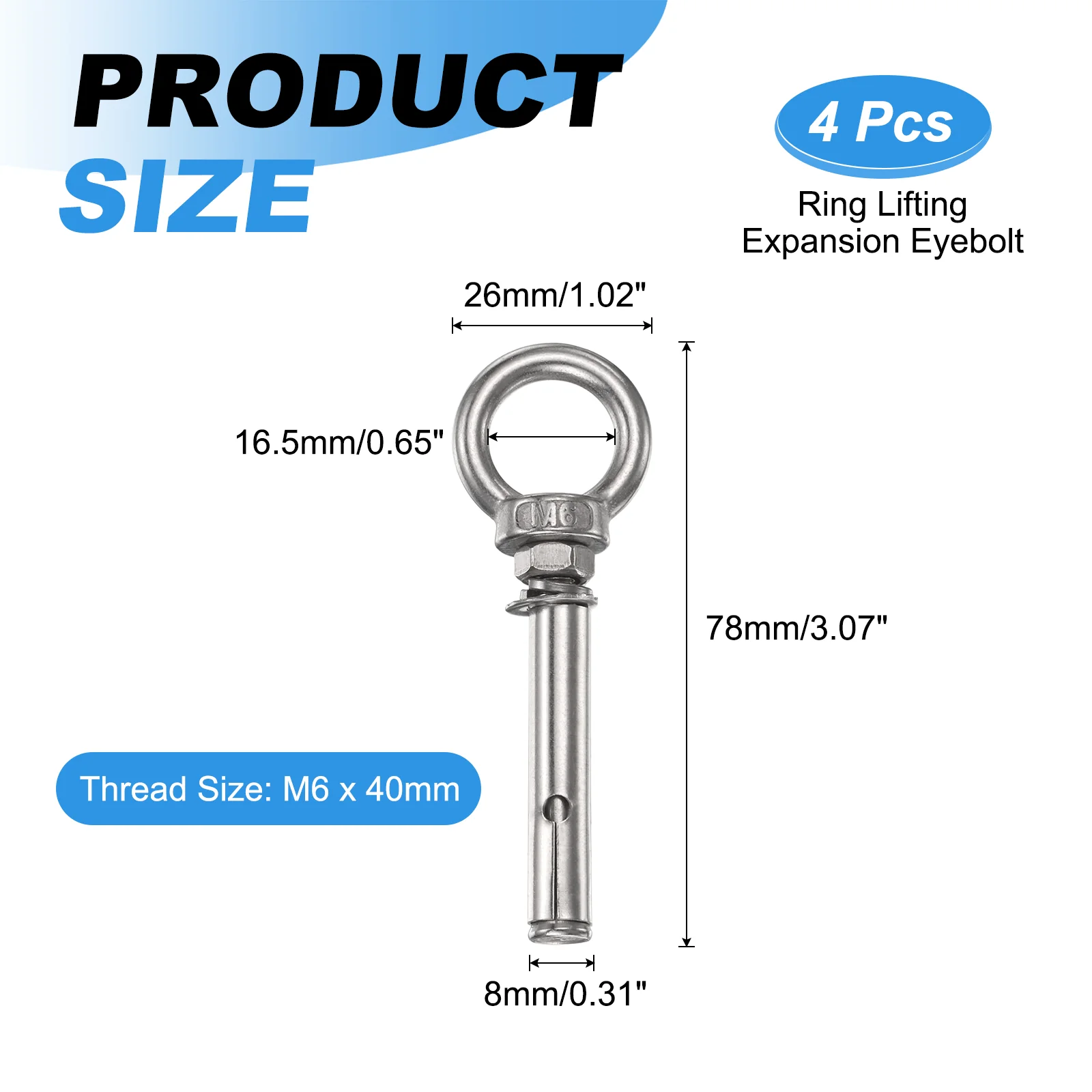 4 Pcs M6x40mm 201 Stainless Steel Expansion Lifting Eyebolt with Eye Ring - Image 2