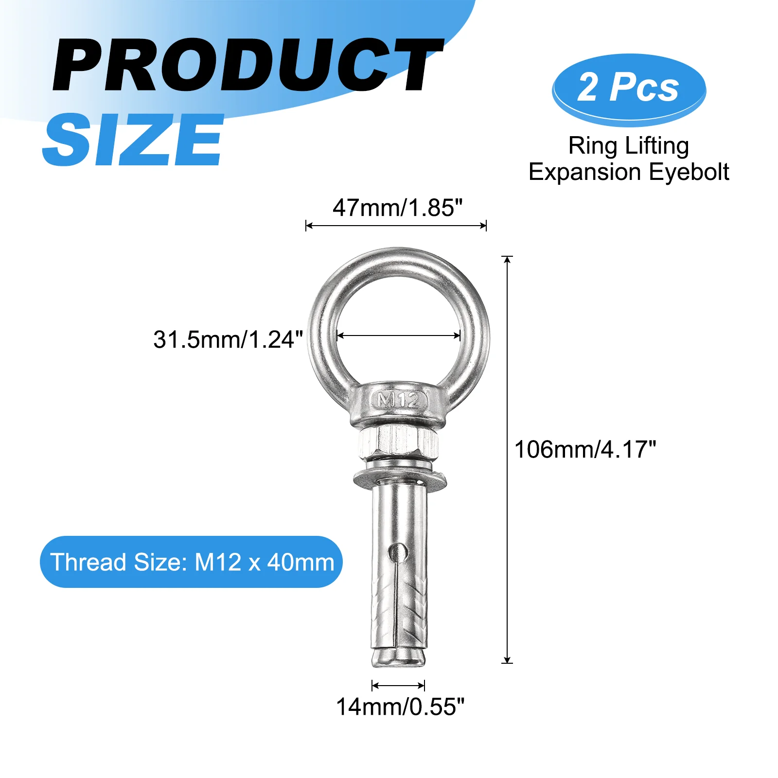 2 Pcs M12x40mm 201 Stainless Steel Expansion Lifting Eyebolt with Eye Ring - Image 2