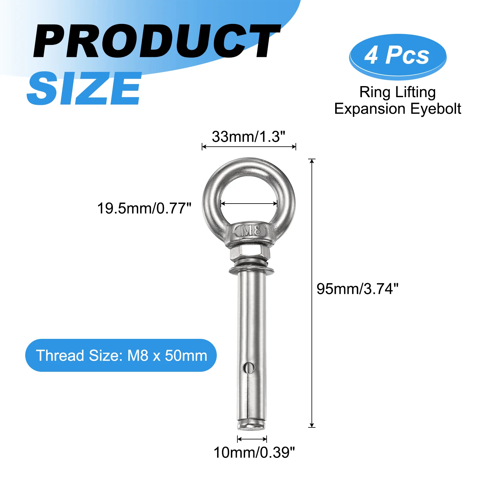 4 Pcs M8x50mm 201 Stainless Steel Expansion Lifting Eyebolt with Eye Ring - Image 2