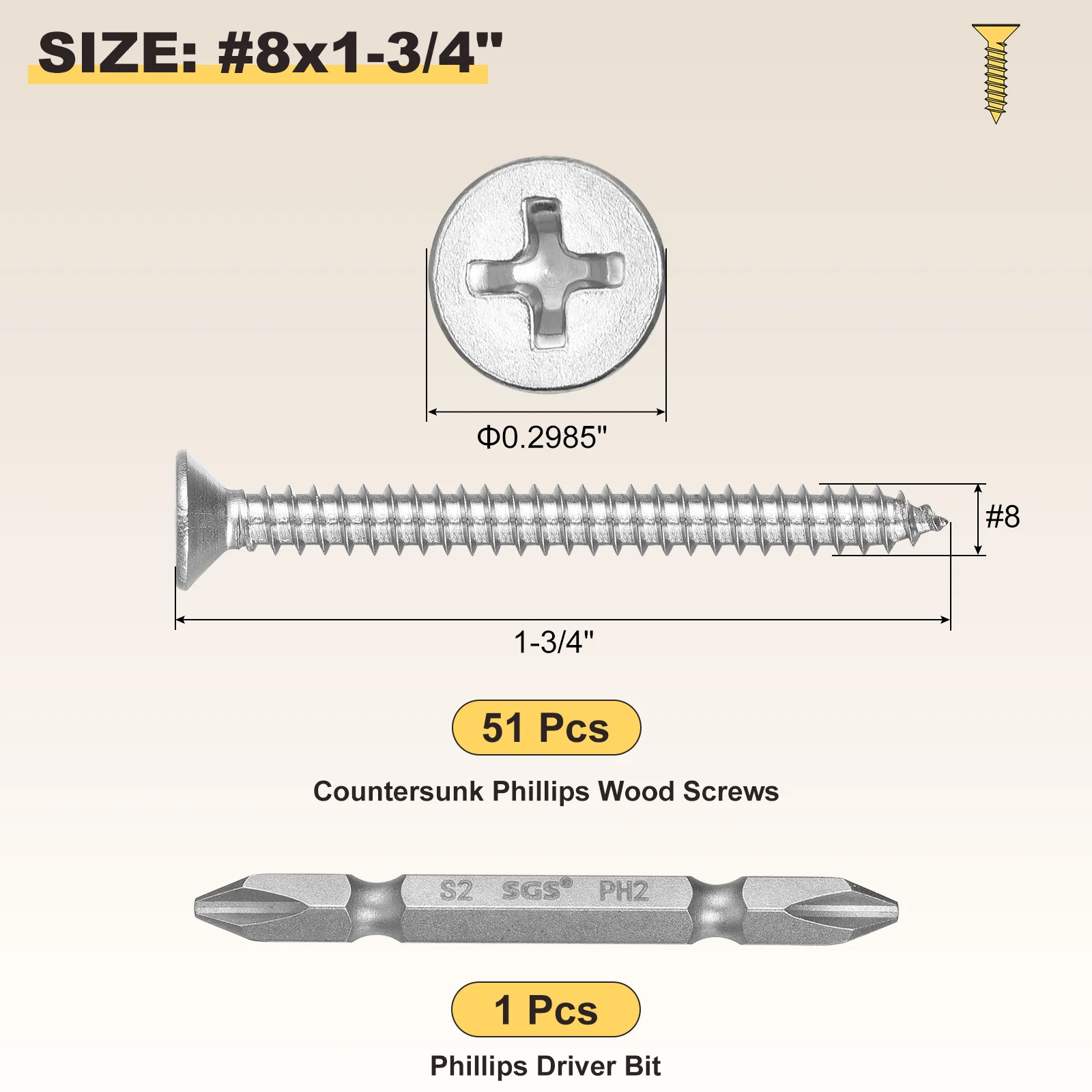 Cross Recessed Wood Screw with Bit (#8x2") 51Pcs, 304 Stainless Steel, Silver - Image 2