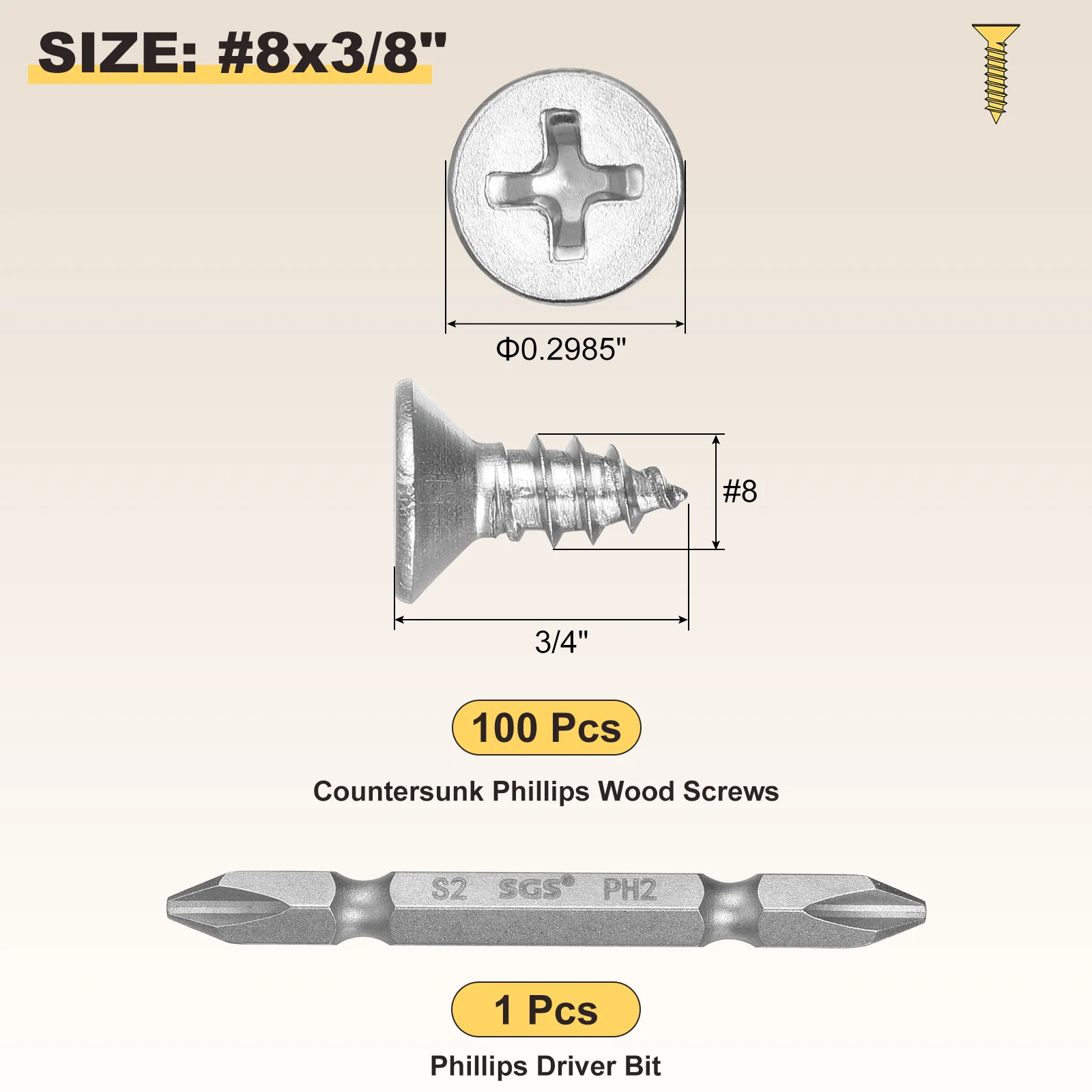 Cross Recessed Wood Screw with Bit (#8x3/8") 101Pcs, 304 Stainless Steel, Silver - Image 2