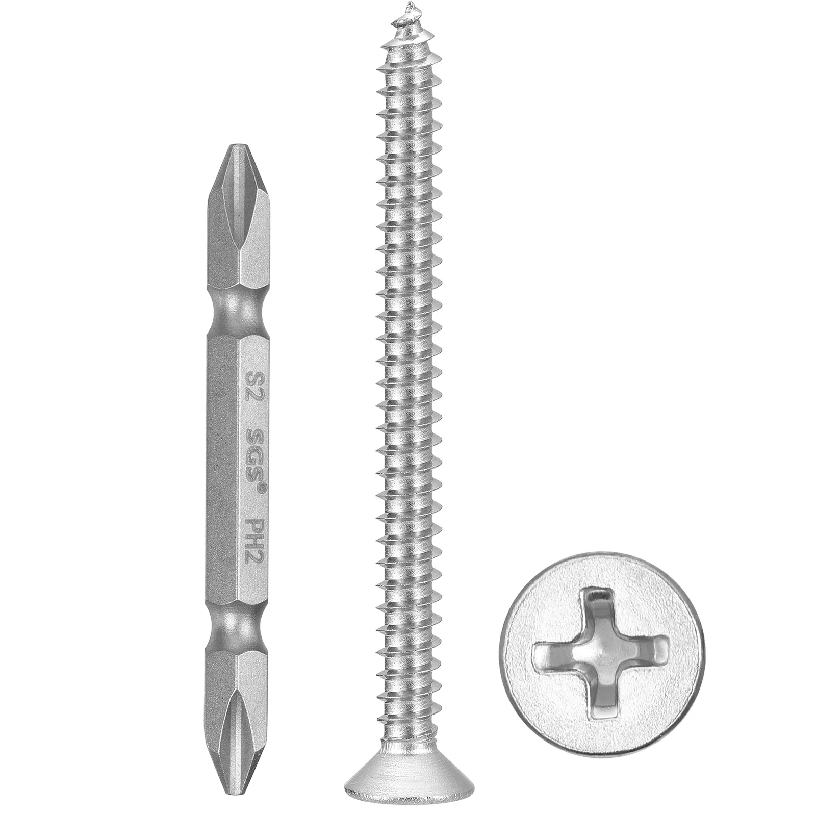 Cross Recessed Wood Screw with Bit (#8x1-3/4") 51Pcs, 304 Stainless Steel,Silver