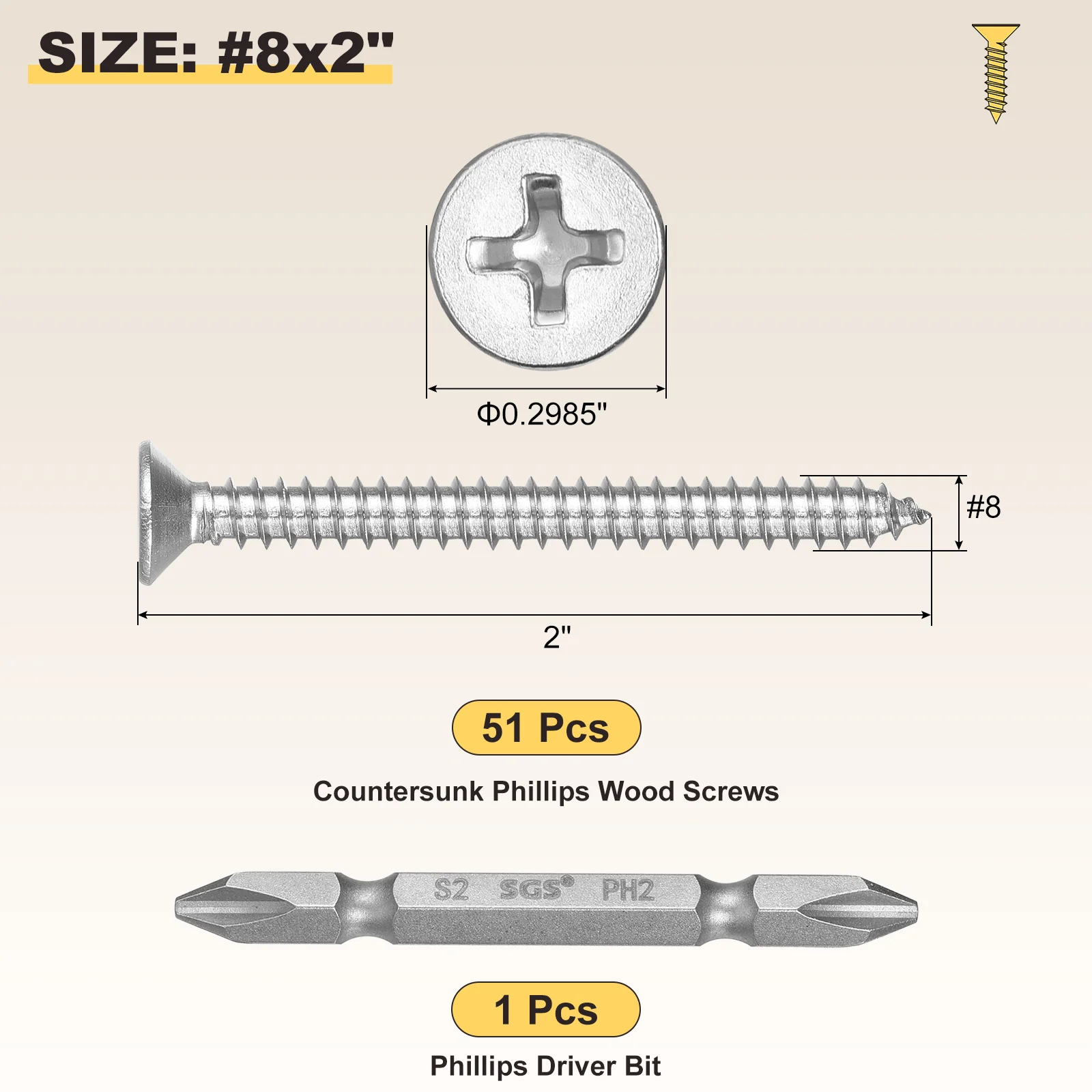 Cross Recessed Wood Screw with Bit (#8x1-3/4") 51Pcs, 304 Stainless Steel,Silver - Image 2