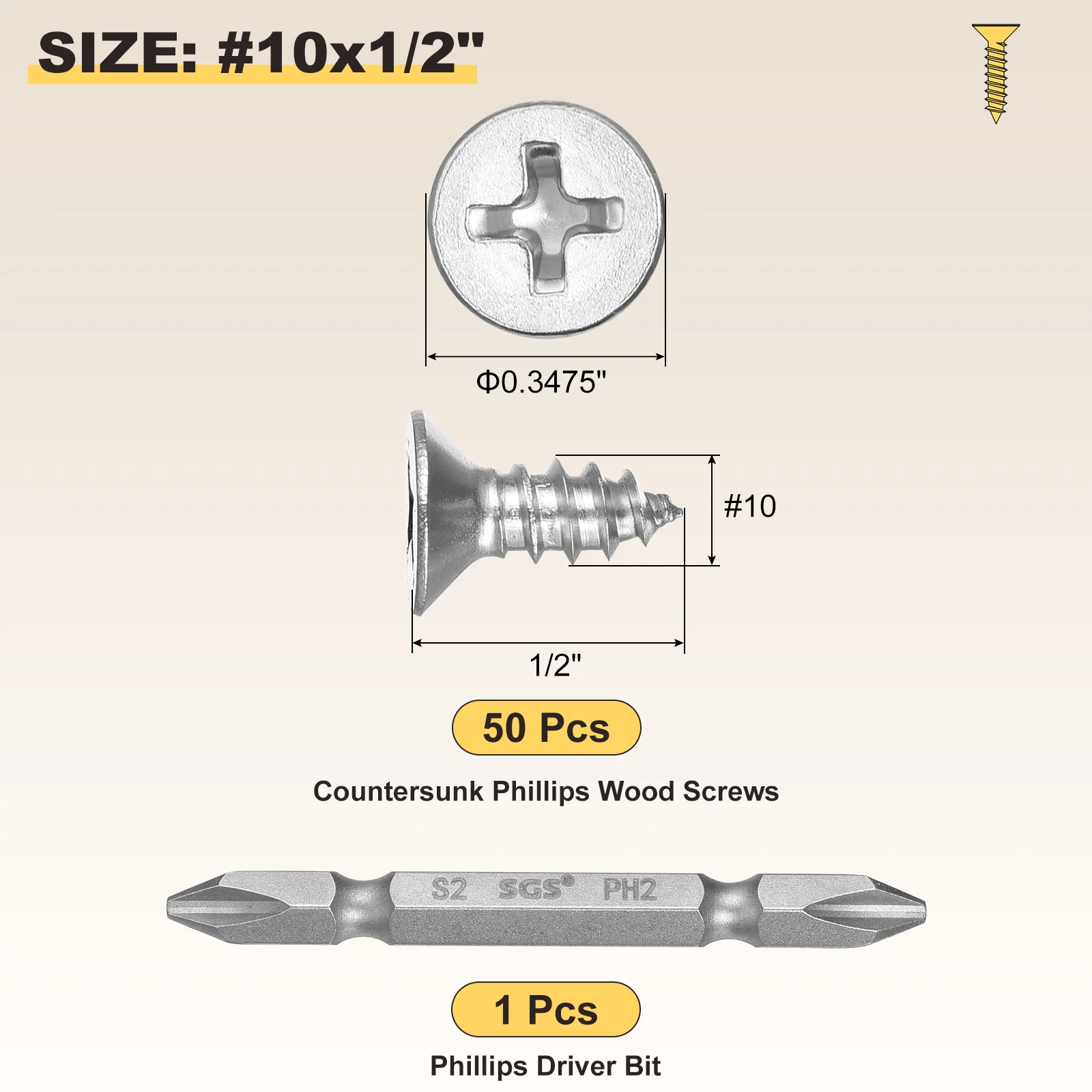Cross Recessed Wood Screw with Bit (#10x1/2") 51Pcs, 304 Stainless Steel, Silver - Image 2