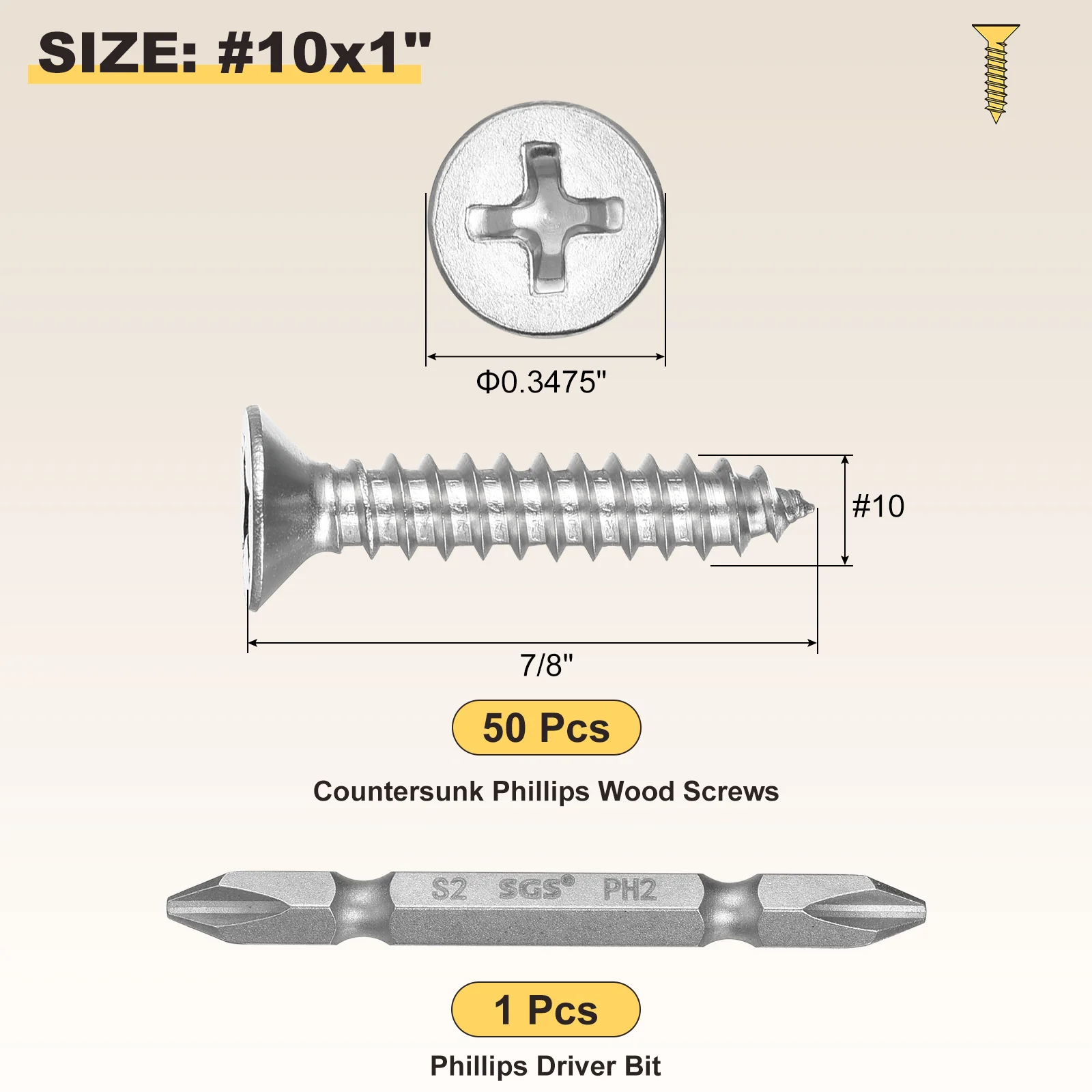 Cross Recessed Wood Screw with Bit (#10x7/8") 51Pcs, 304 Stainless Steel, Silver - Image 2