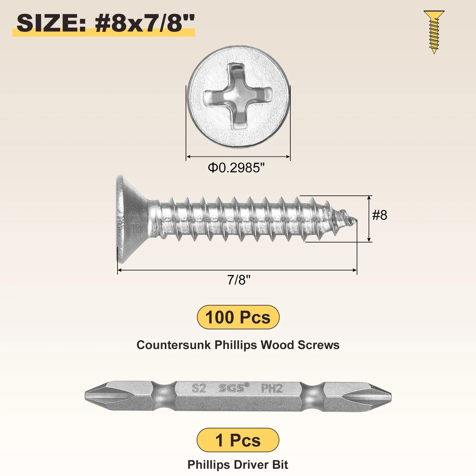 Cross Recessed Wood Screw with Bit (#8x7/8") 101Pcs, 304 Stainless Steel, Silver - Image 2