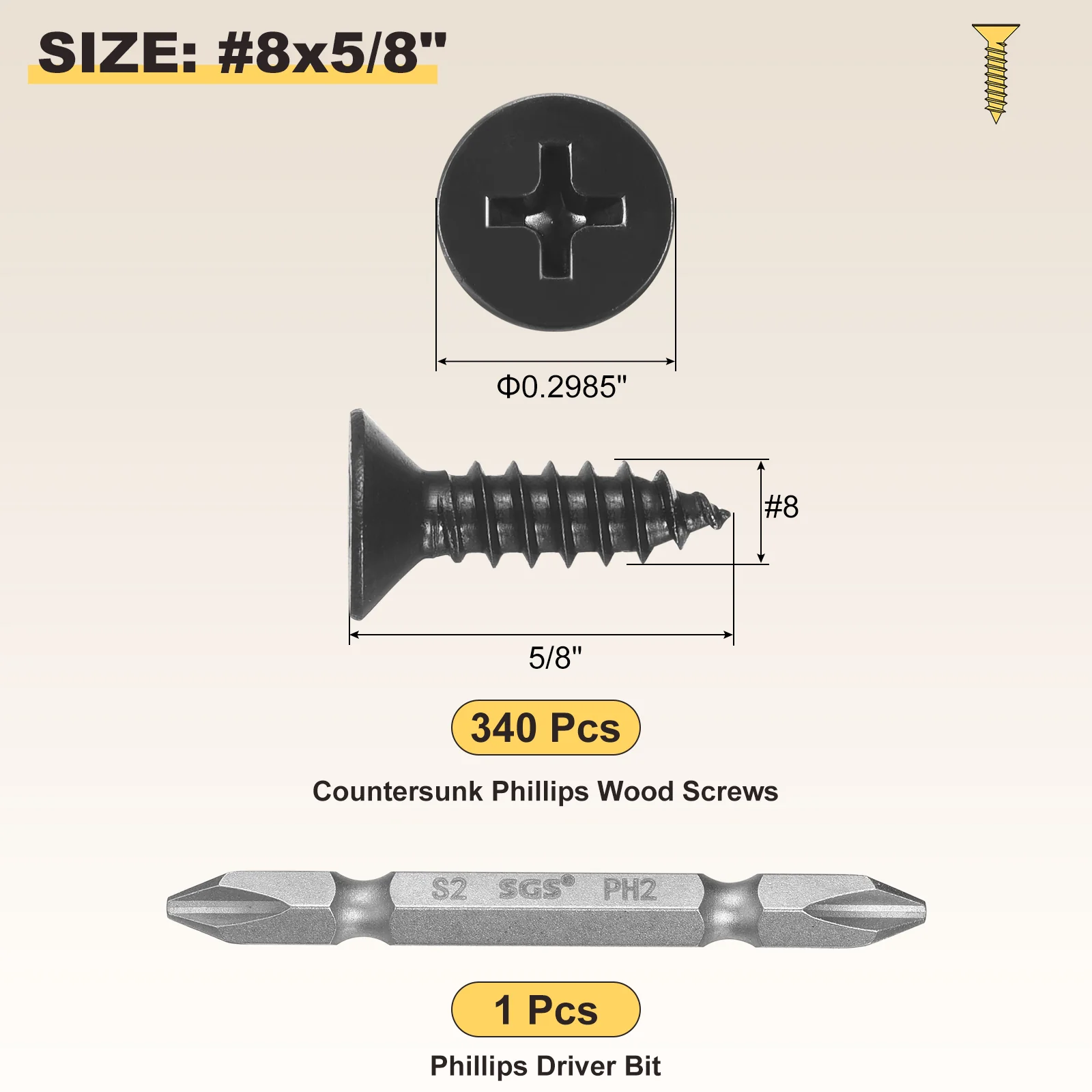 Cross Recessed Wood Screw with Bit (#8x5/8") 341Pcs, Carbon Steel, Black - Image 2