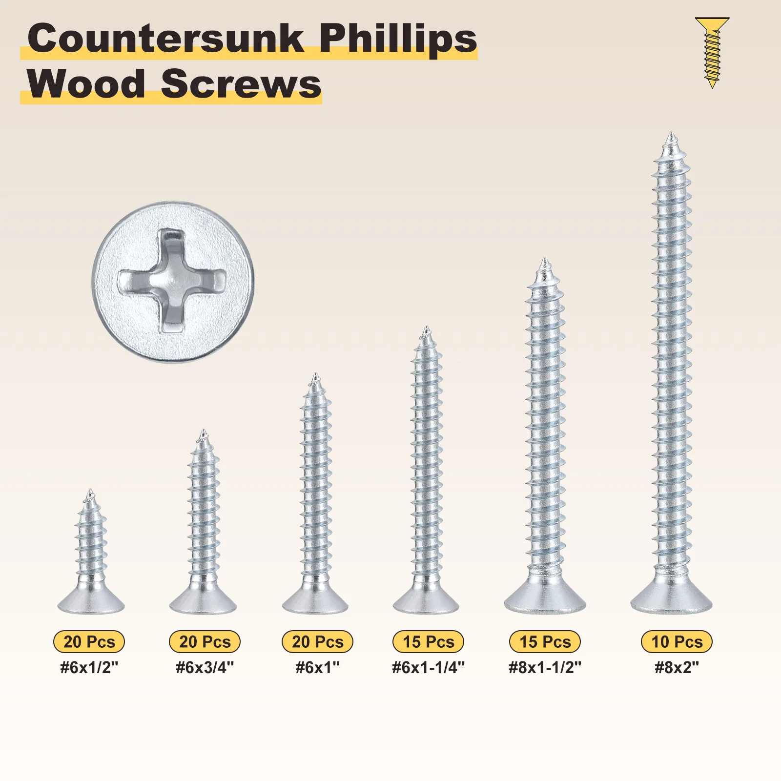 Cross Recessed Wood Screw #6,#8 100Pcs, Carbon Steel, Bluish-white - Image 2