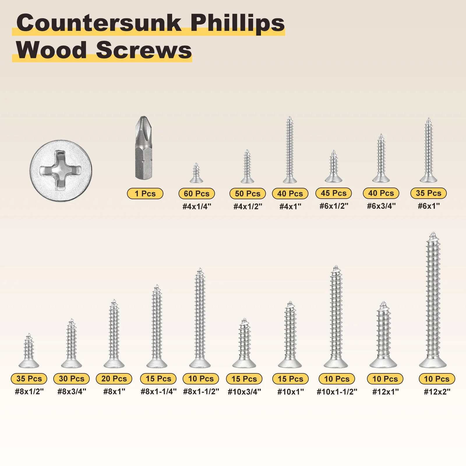 Cross Recessed Wood Screw with Bit (#4,#6,#8,#10,#12) 531Pcs, Stainless Steel - Image 2