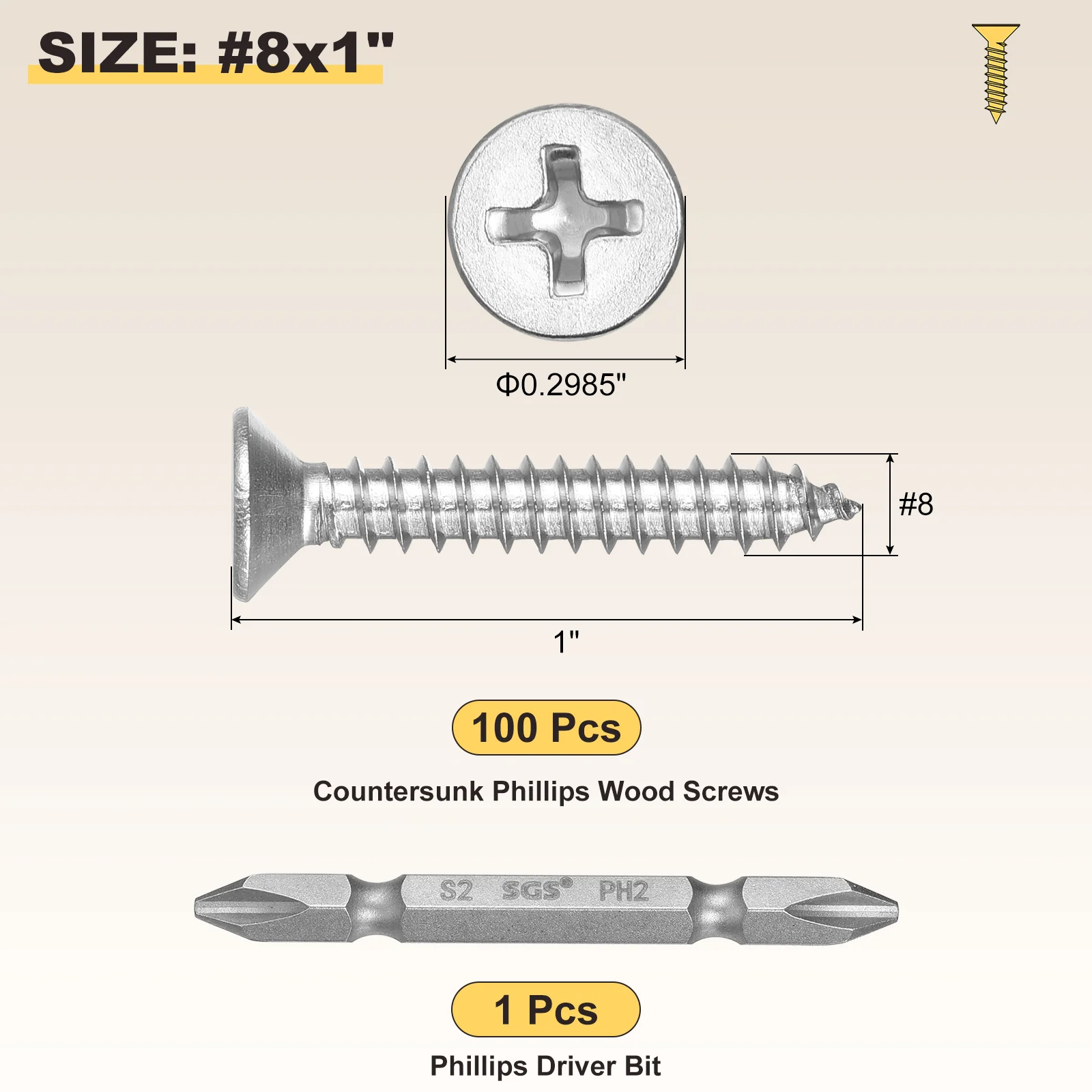 Cross Recessed Wood Screw with Bit (#8x1") 101Pcs, 304 Stainless Steel, Silver - Image 2
