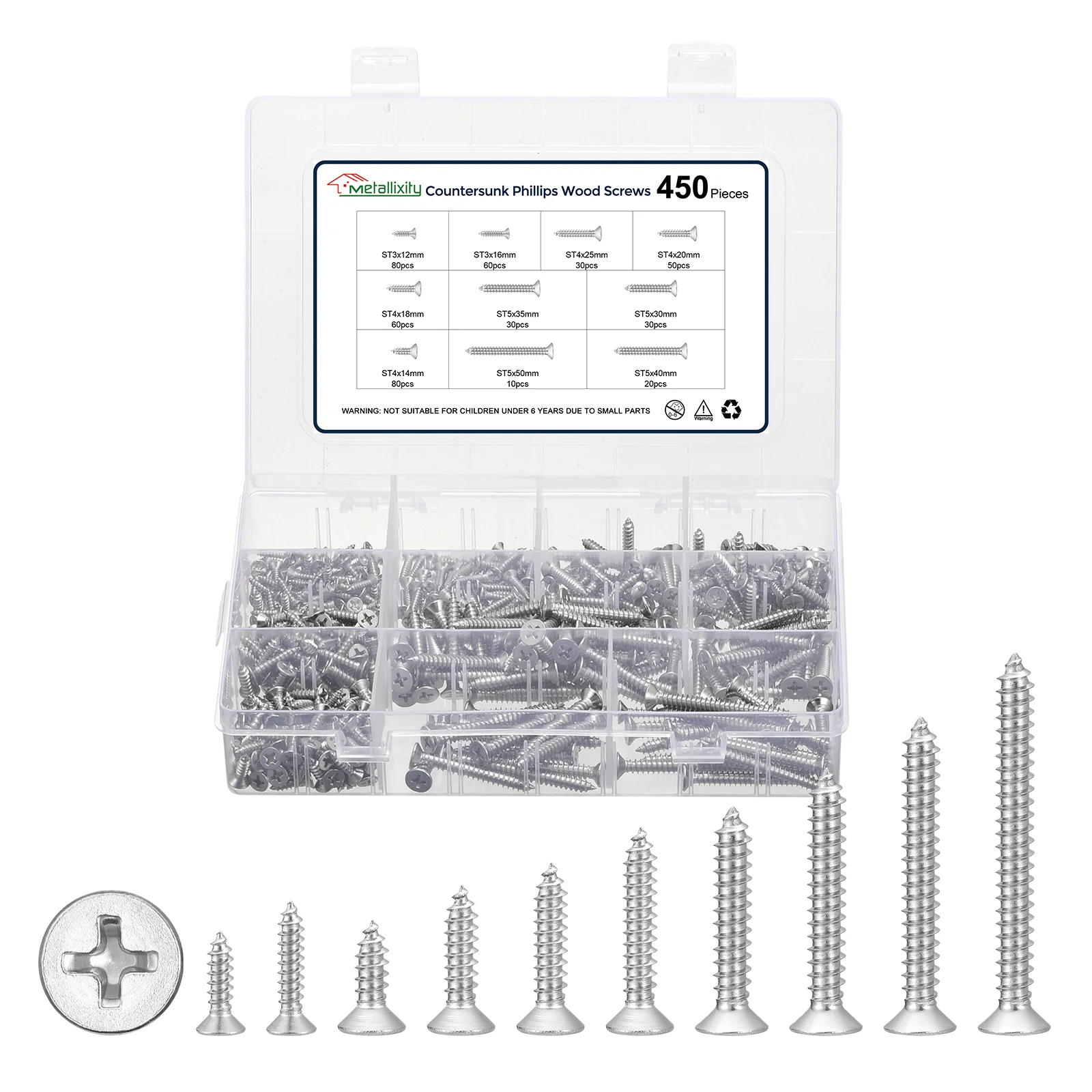 Cross Recessed Wood Screw (ST3,ST4,ST5) 450Pcs,Stainless Steel