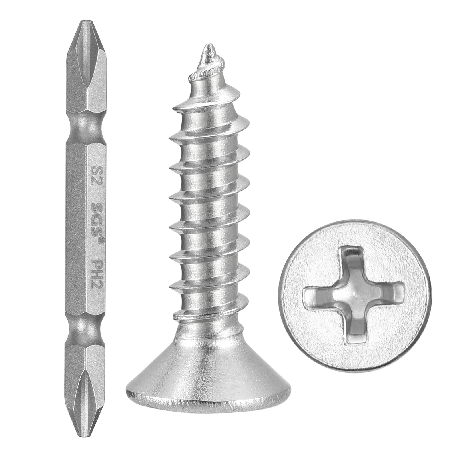 Cross Recessed Wood Screw with Bit (#6x5/8") 101Pcs, 304 Stainless Steel, Silver