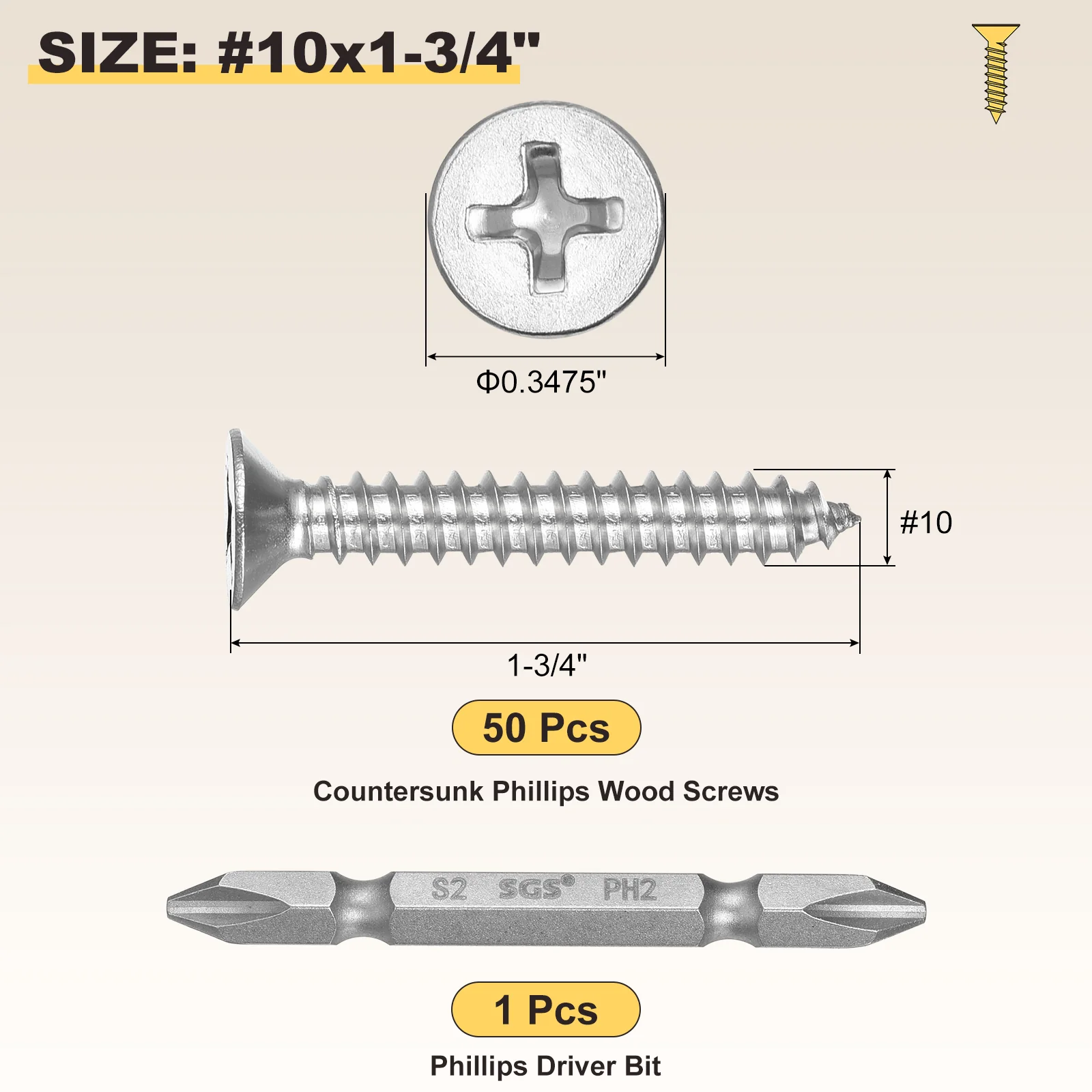 Cross Recessed Wood Screw with Bit (#10x1-3/4") 51Pcs,304 Stainless Steel,Silver - Image 2