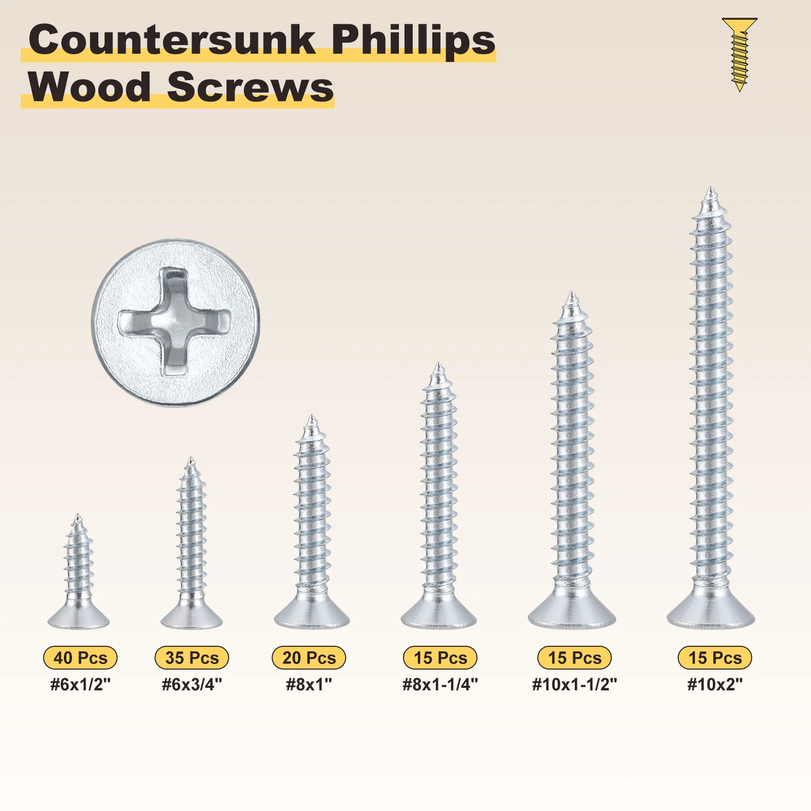 Cross Recessed Wood Screw #6,#8,#10 140Pcs, Carbon Steel, Bluish-white - Image 2