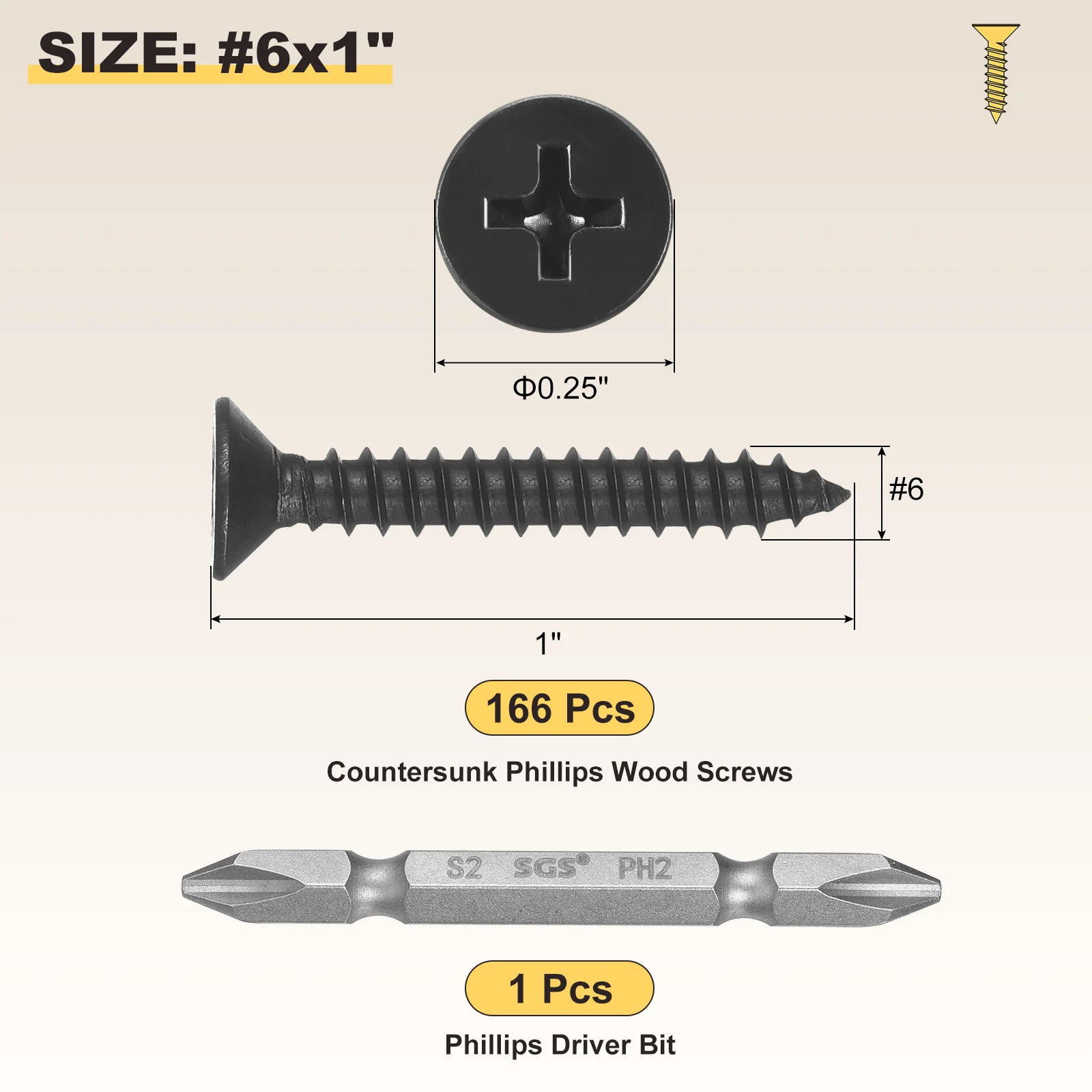 Cross Recessed Wood Screw with Bit (#6x1") 501Pcs, Carbon Steel, Black - Image 2