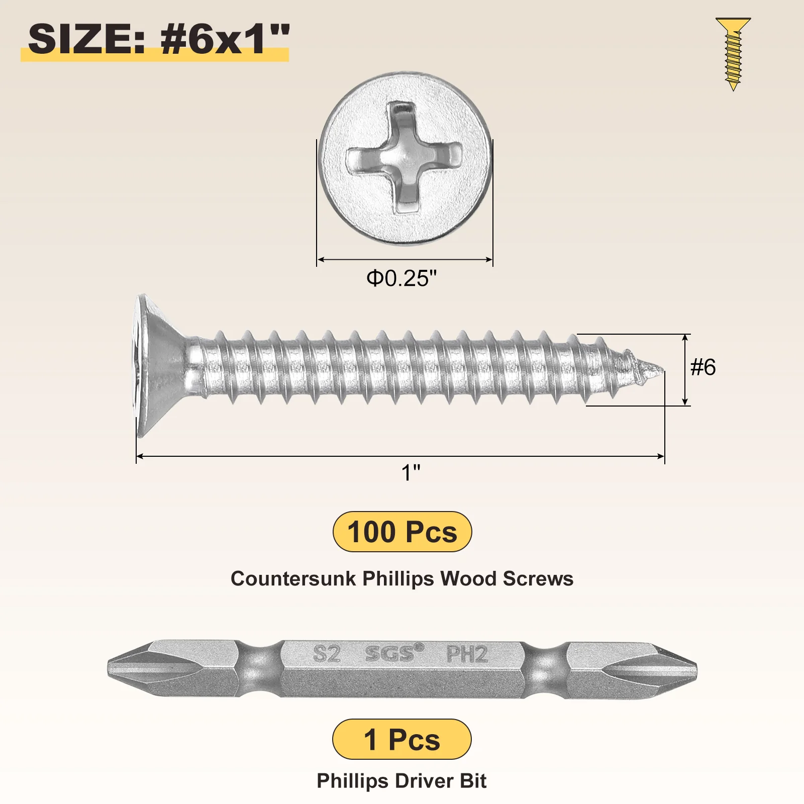 Cross Recessed Wood Screw with Bit (#6x1") 101Pcs, 304 Stainless Steel, Silver - Image 2