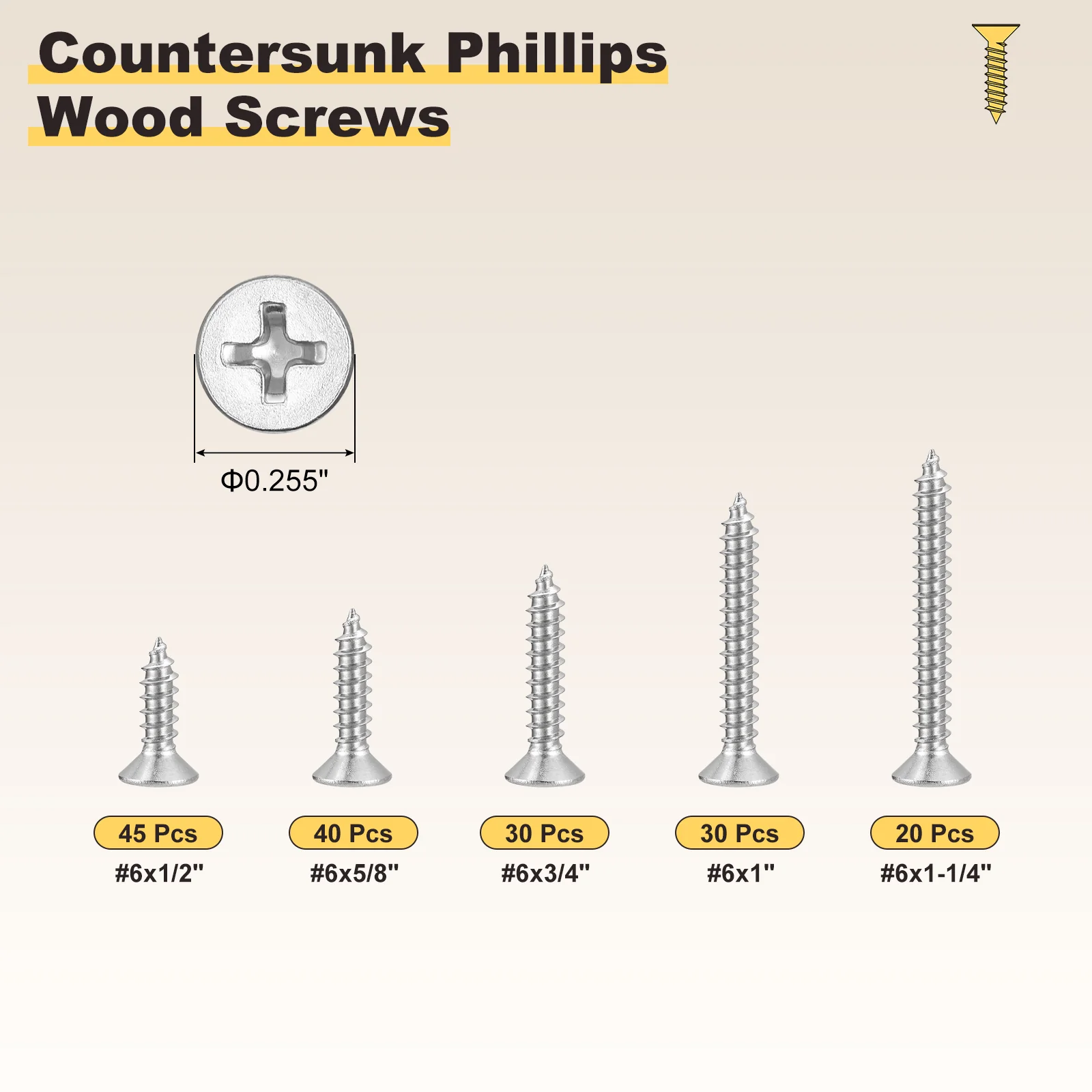 Cross Recessed Screw Kit #6 165Pcs, Stainless Steel, Silver - Image 2