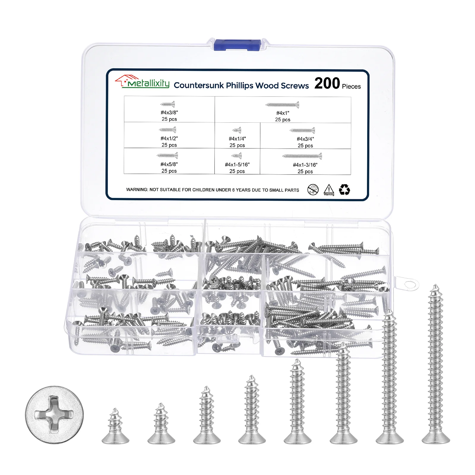 Cross Recessed Screw Kit #4 200Pcs, Stainless Steel, Silver