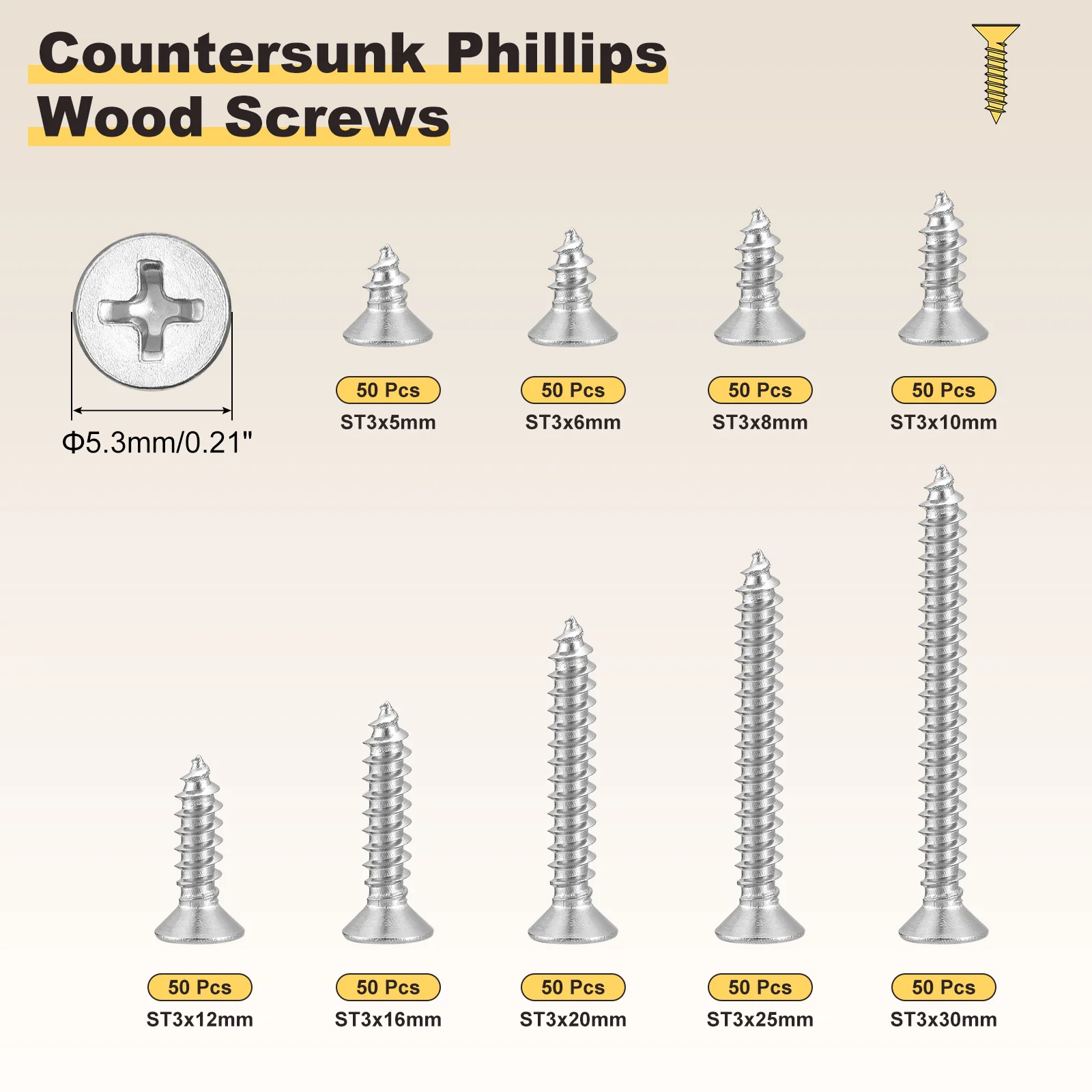 Cross Recessed Wood Screw (ST3x5/6/8/10/12/16/20/25/30mm) 450Pcs,Stainless Steel - Image 2