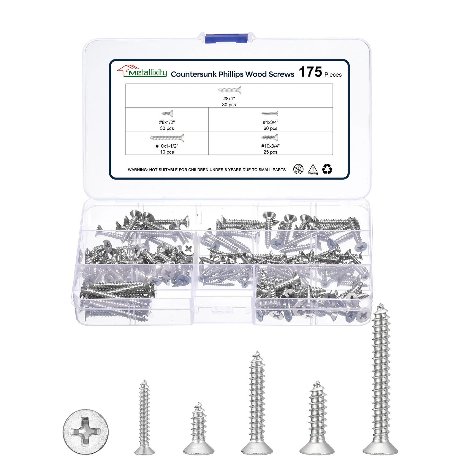 Cross Recessed Screw Kit #4,#8,#10 175Pcs, Stainless Steel, Silver