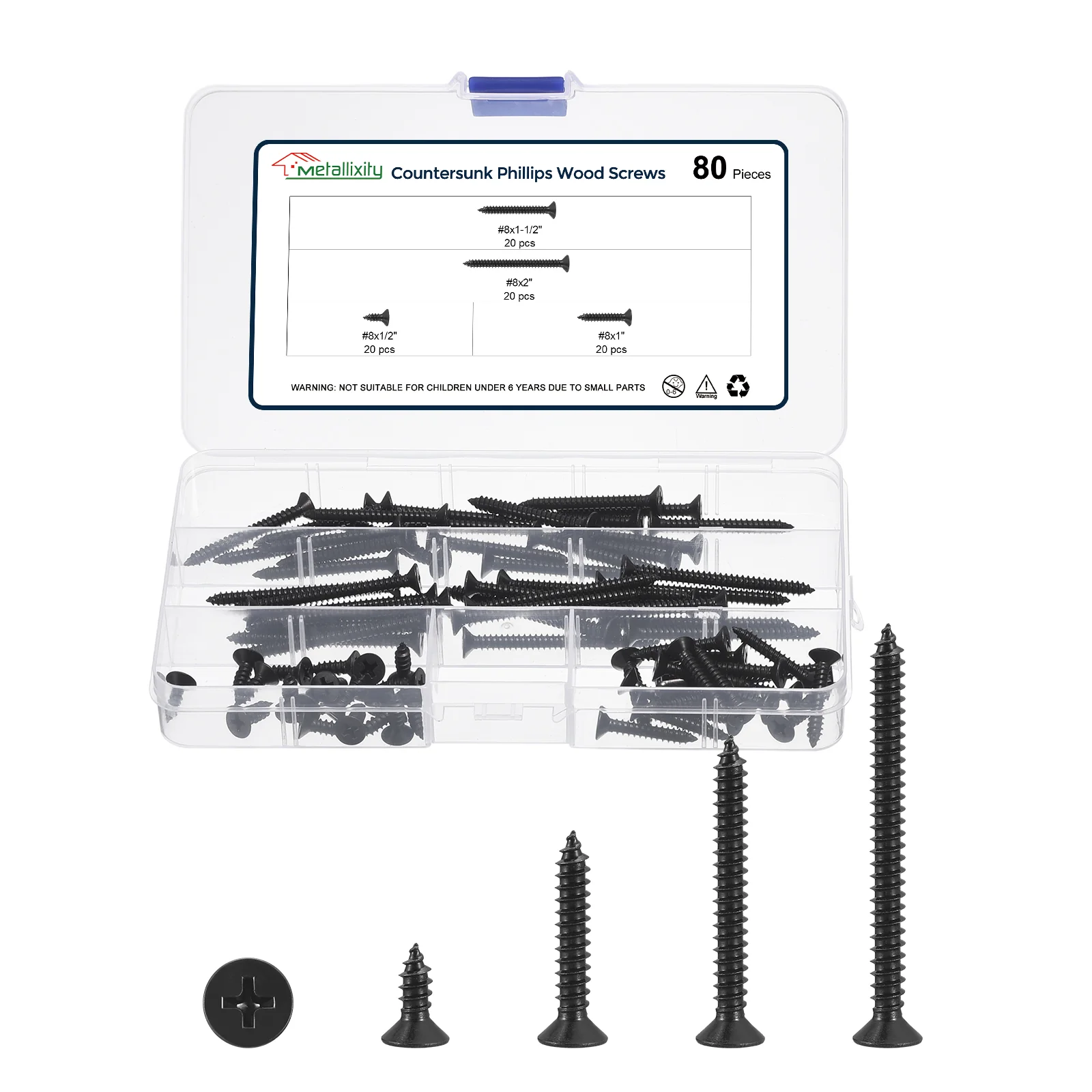 Cross Recessed Screw Kit #8 80Pcs, Stainless Steel, Black