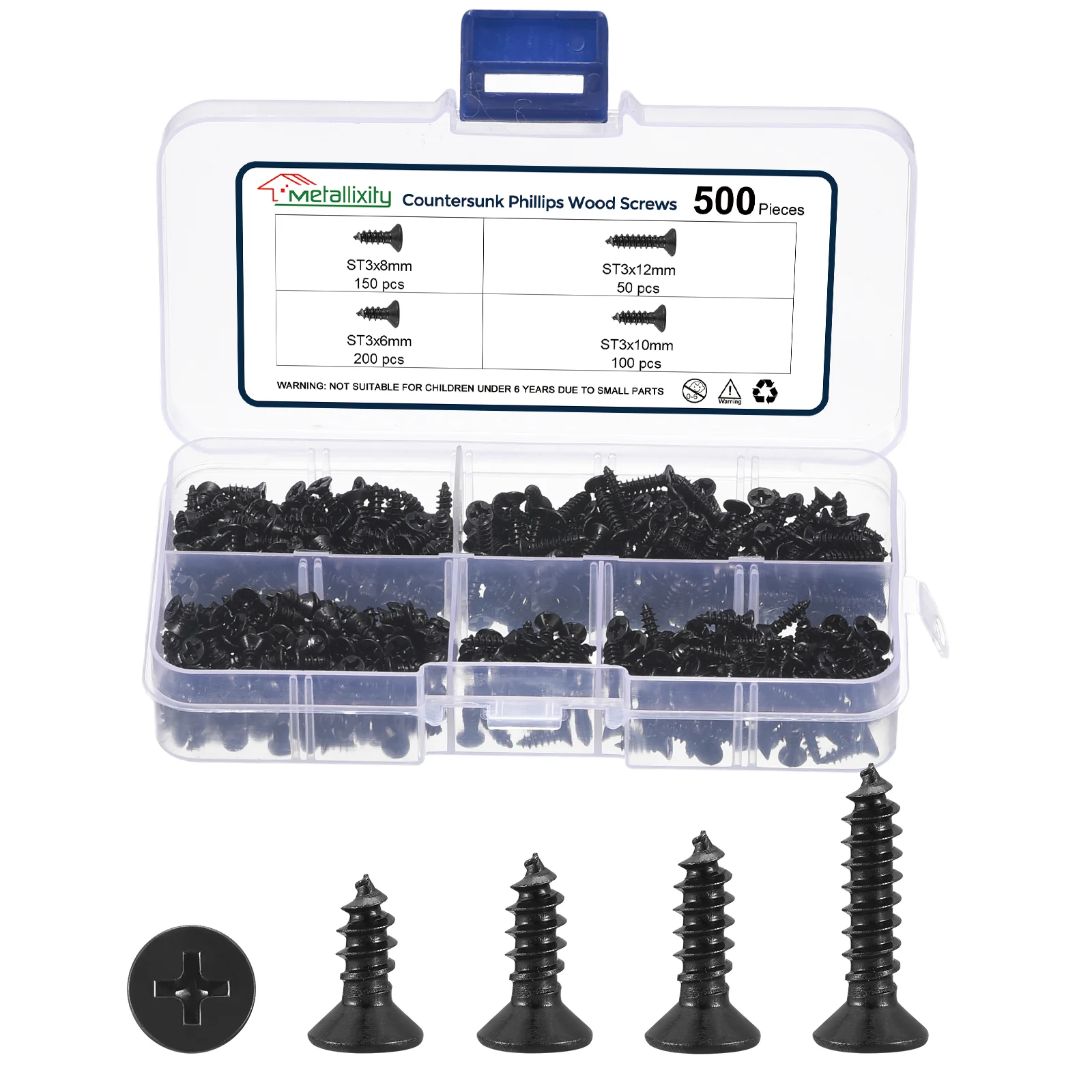 Cross Recessed Wood Screw (ST3x6/8/10/12mm) 500Pcs, Carbon Steel, Black