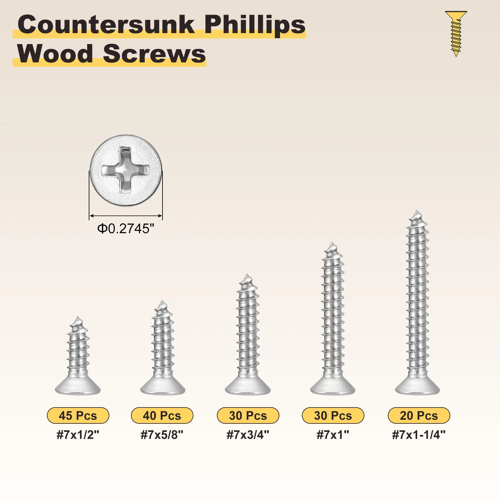 Cross Recessed Screw Kit #7 165Pcs, Stainless Steel, Silver - Image 2