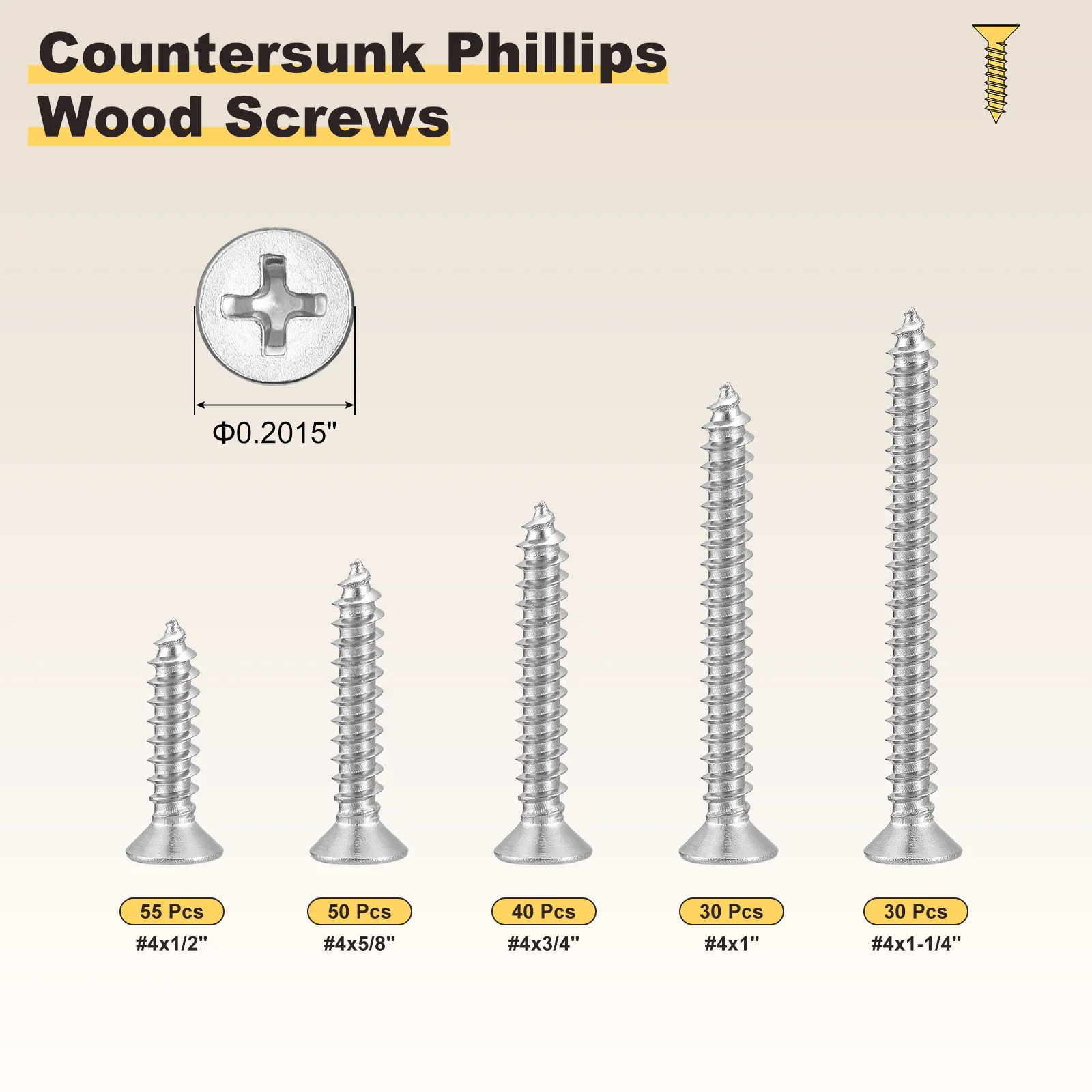 Cross Recessed Screw Kit #4 205Pcs, Stainless Steel, Silver - Image 2