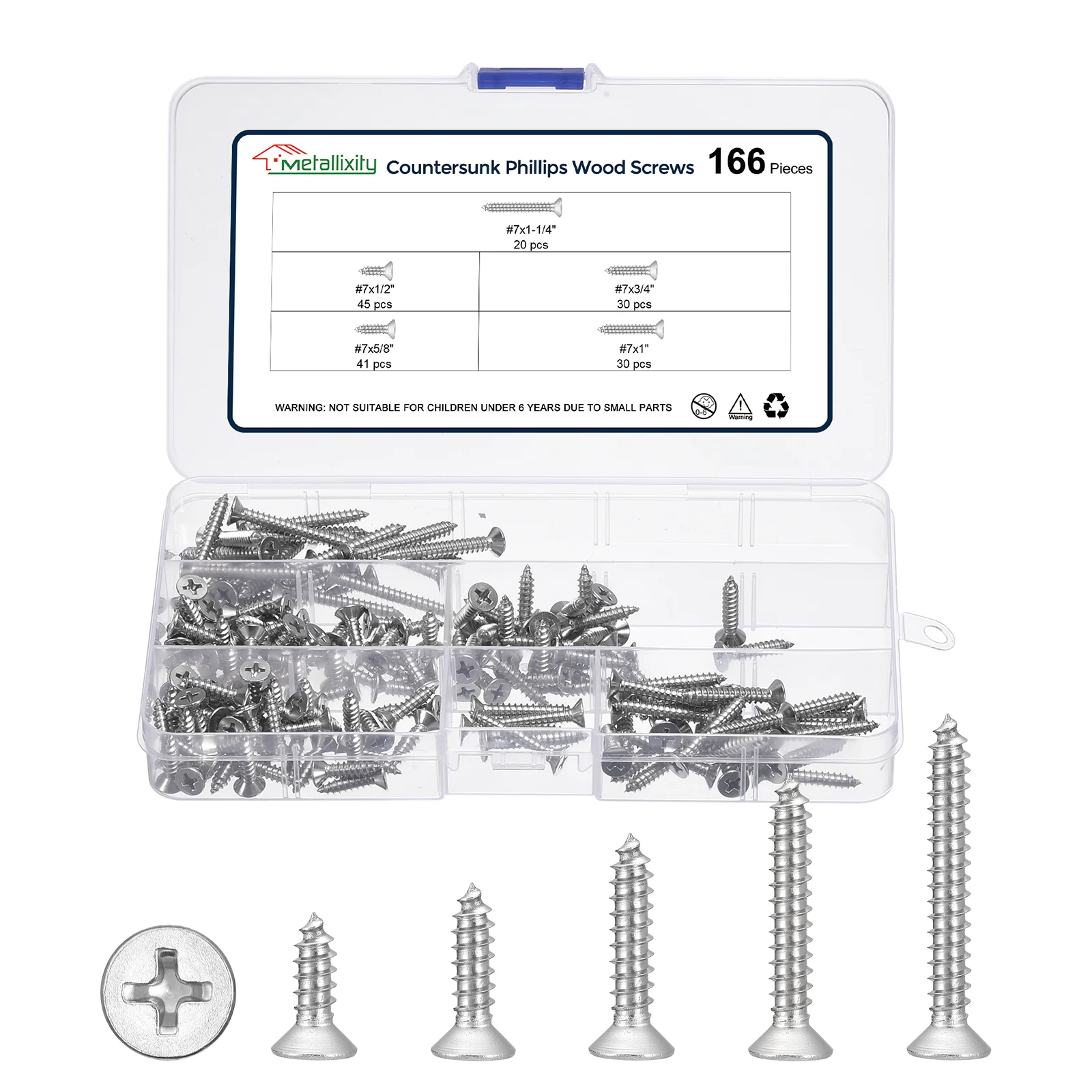 Cross Recessed Screw Kit #7 166Pcs, Stainless Steel, Silver