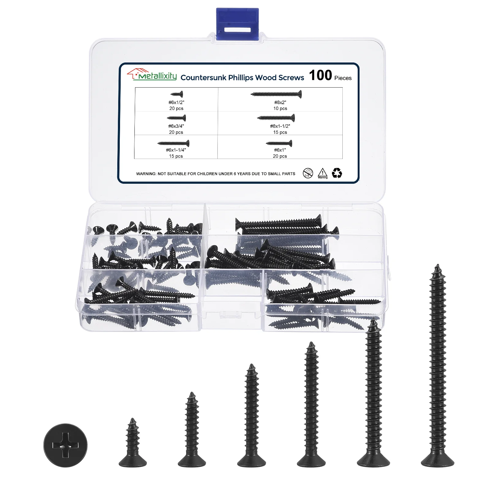 Cross Recessed Wood Screw #6,#8 100Pcs, Carbon Steel, Black