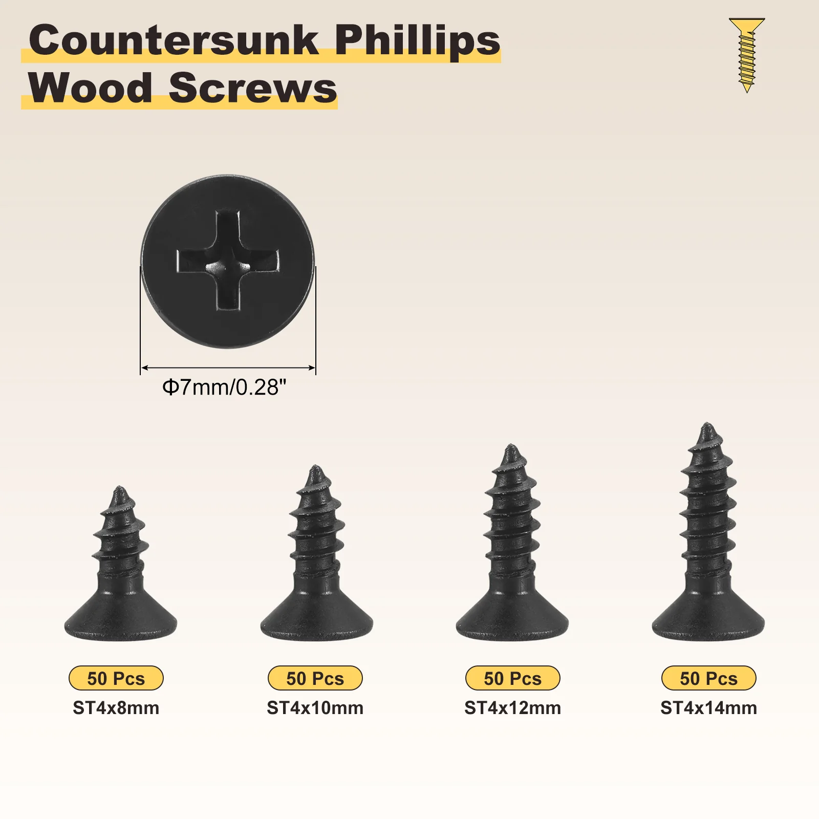 Cross Recessed Wood Screw (ST4x8/10/12/14mm) 200Pcs, Carbon Steel, Black - Image 2