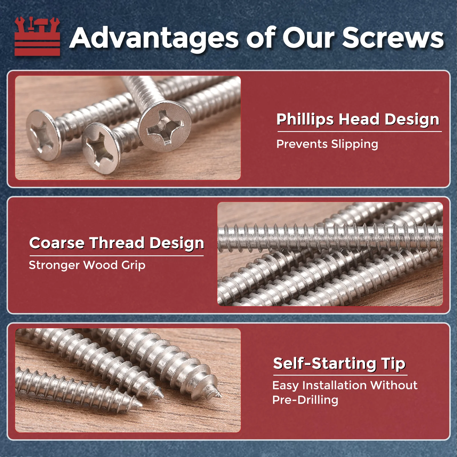 51pcs Phillips Flat Head Wood Screws with Bit - [#10x7/8"] 304 Stainless Steel - Image 3