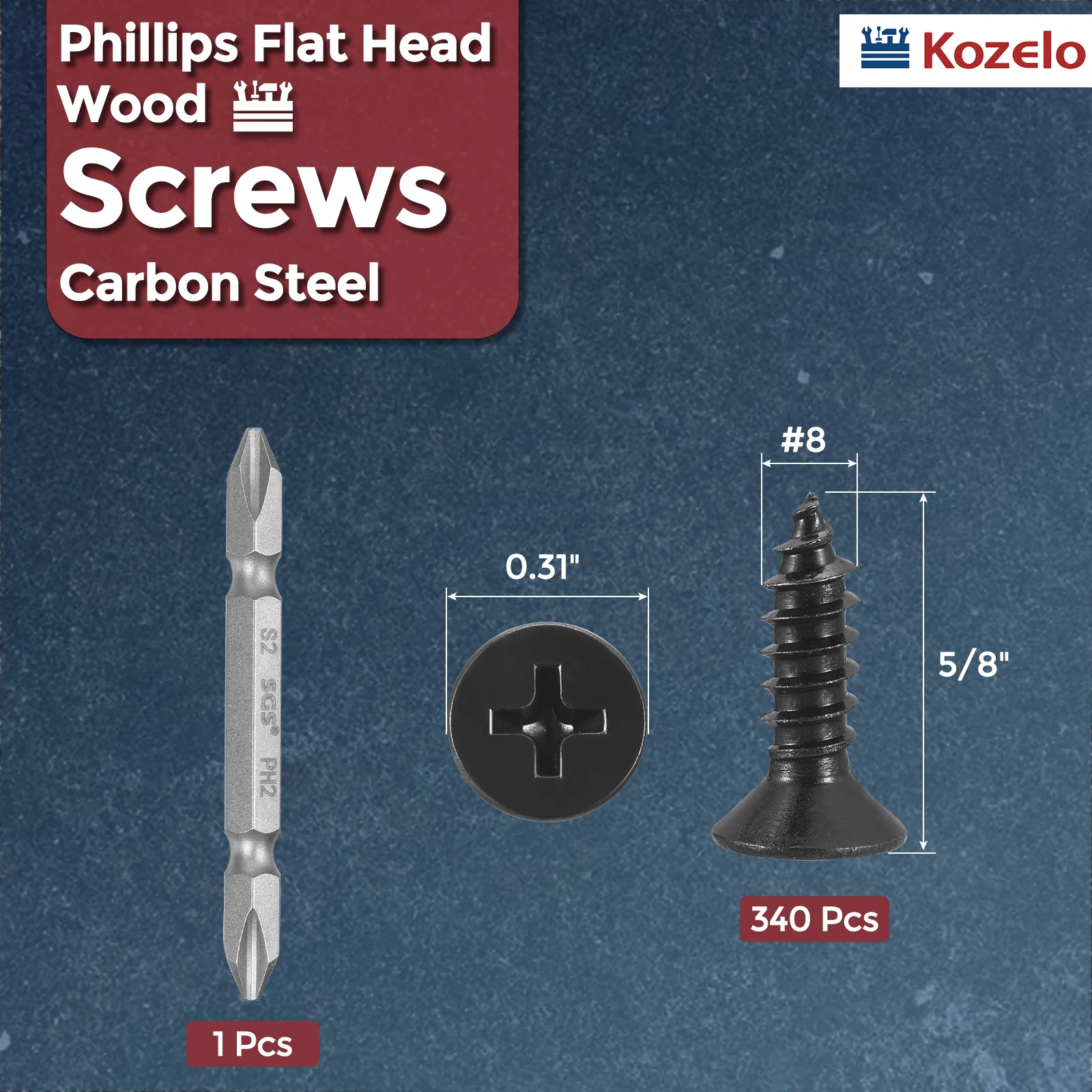 341pcs Phillips Flat Head Wood Screws with Bit - [ST4x16m] Carbon Steel, Black - Image 2