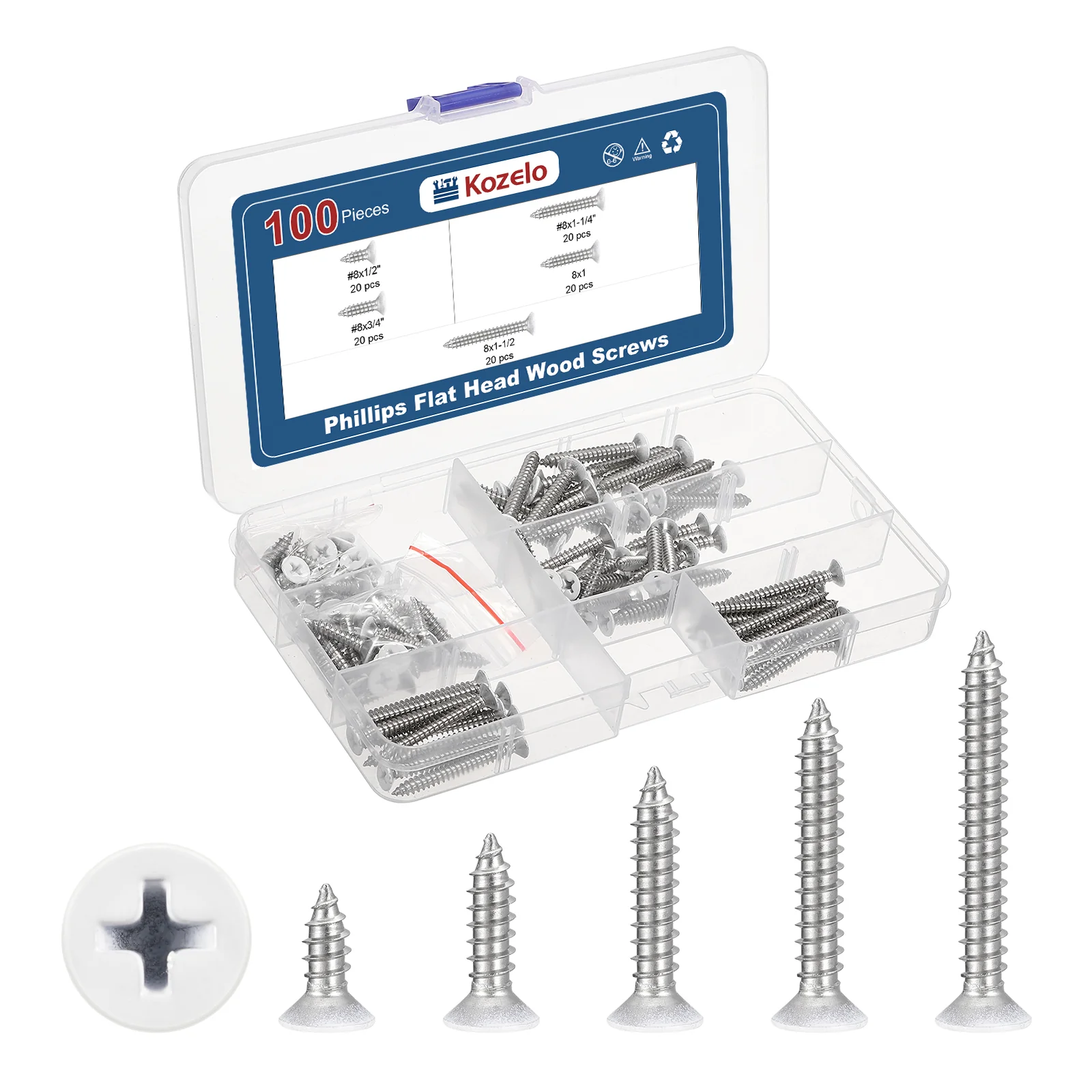 100pcs #8 Phillips Flat Wood Screws - 304 Stainless Steel, White Head
