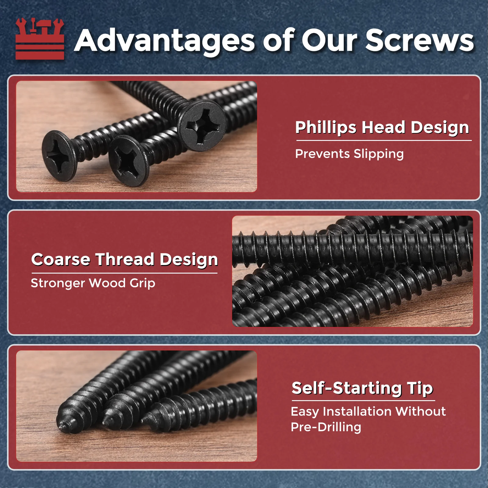 138pcs Phillips Flat Head Wood Screws with Bit - [#8x2"] Carbon Steel, Black - Image 3