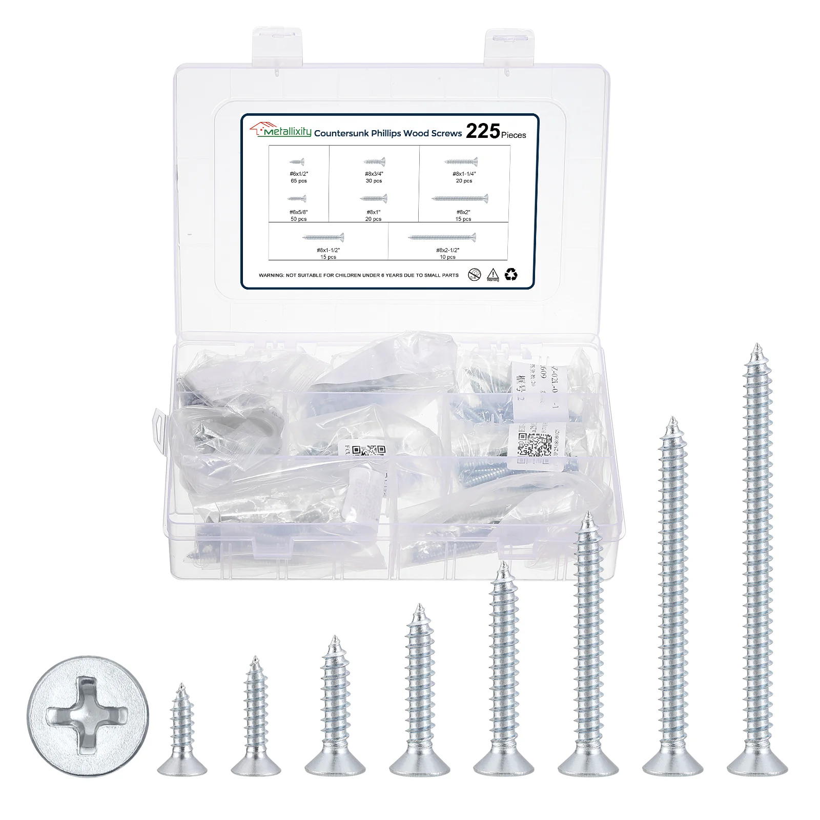 Cross Recessed Wood Screw #6,#8 225Pcs, Carbon Steel, Bluish-white