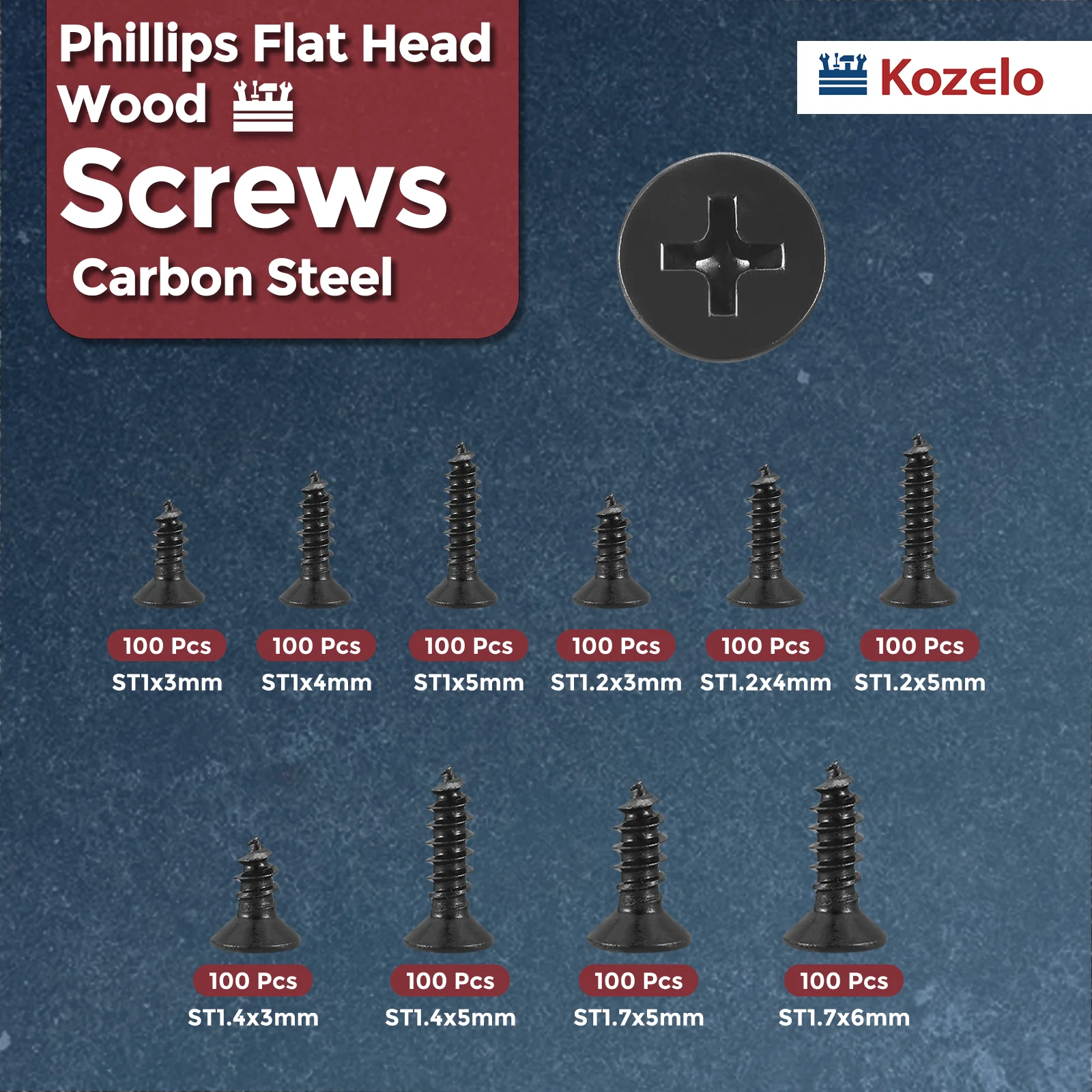 1000pcs Phillips Flat Wood Screws Kit - [ST1/1.2/1.4/1.7] Carbon Steel,Black - Image 2