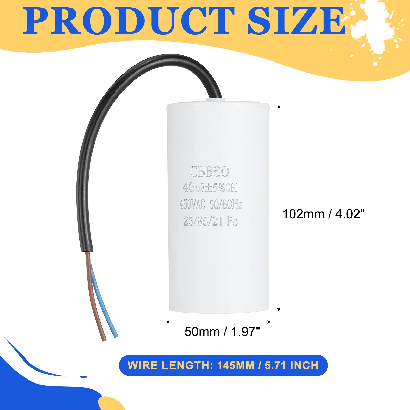 Uxcell CBB60 Run Capacitor 40uf 450V AC 2 Wires 50/60Hz Cylinder 102x50mm White - Image 2