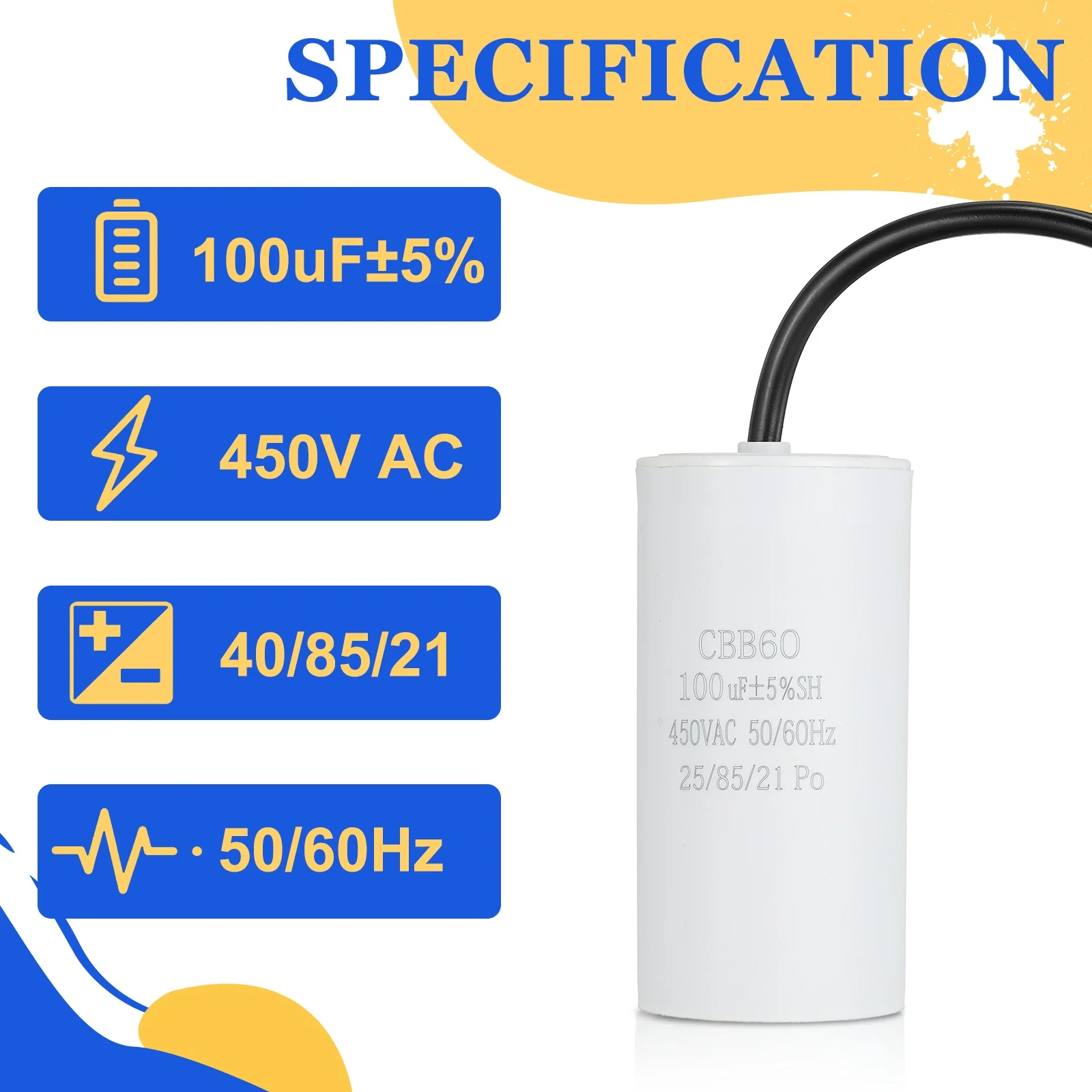 Uxcell CBB60 Run Capacitor 100uf 450V AC 2 Wires 50/60Hz Cylinder 102x50mm White - Image 4