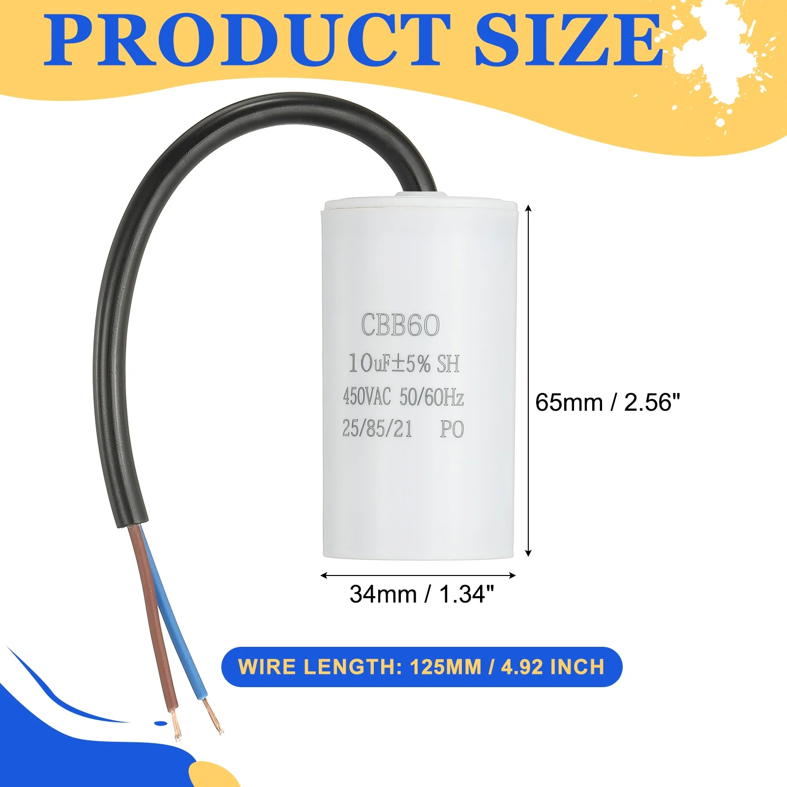 Uxcell CBB60 Run Capacitor 10uf 450V AC 2 Wires 50/60Hz Cylinder 65x34mm White - Image 2