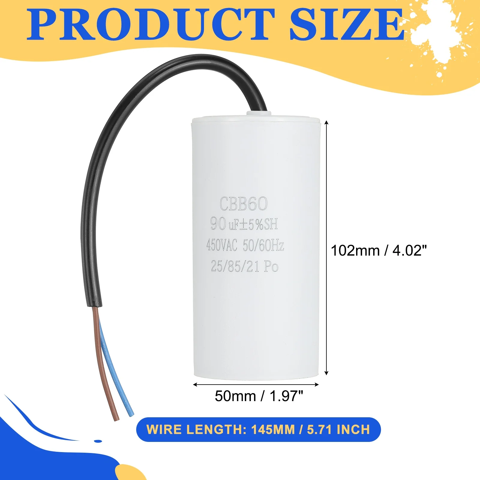 Uxcell CBB60 Run Capacitor 90uf 450V AC 2 Wires 50/60Hz Cylinder 102x50mm White - Image 2
