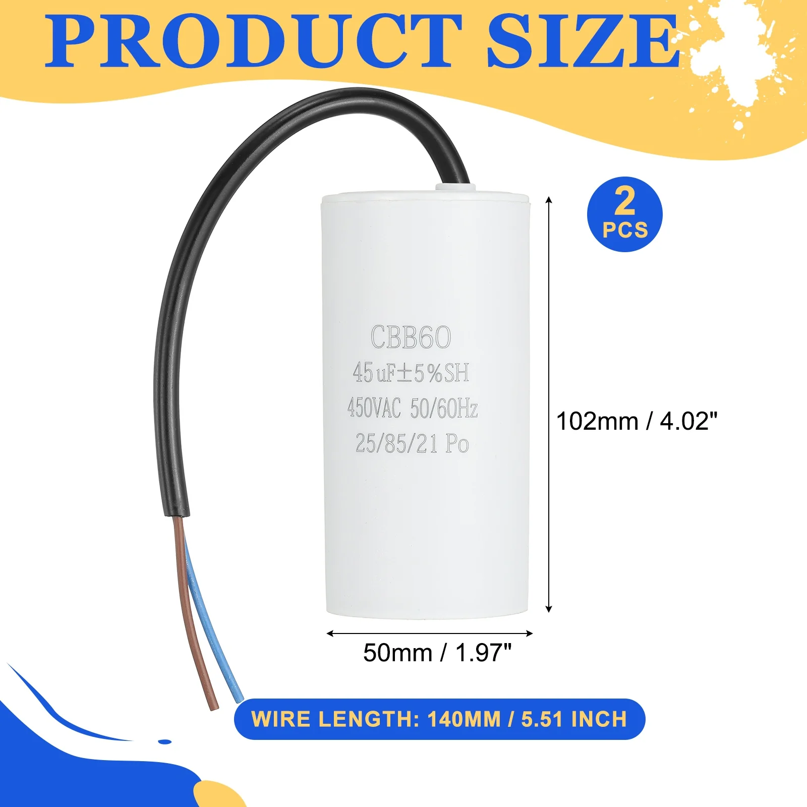 Uxcell 2Pcs CBB60 Run Capacitor 45uf 450V AC 2 Wires 50/60Hz Cylinder 102x50mm White - Image 2