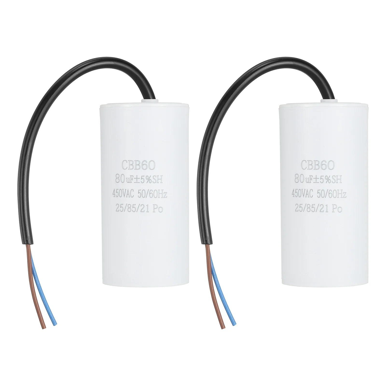 Uxcell 2Pcs CBB60 Run Capacitor 80uf 450V AC 2 Wires 50/60Hz Cylinder 102x50mm White