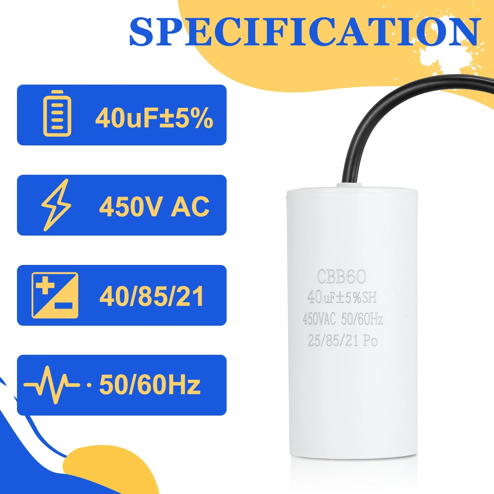 Uxcell 2Pcs CBB60 Run Capacitor 40uf 450V AC 2 Wires 50/60Hz Cylinder 102x50mm White - Image 4