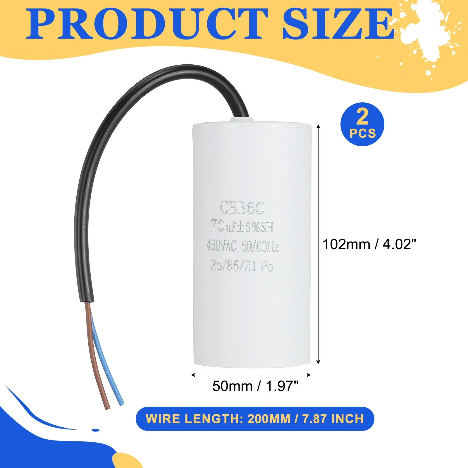 Uxcell 2Pcs CBB60 Run Capacitor 70uf 450V AC 2 Wires 50/60Hz Cylinder 102x50mm White - Image 2