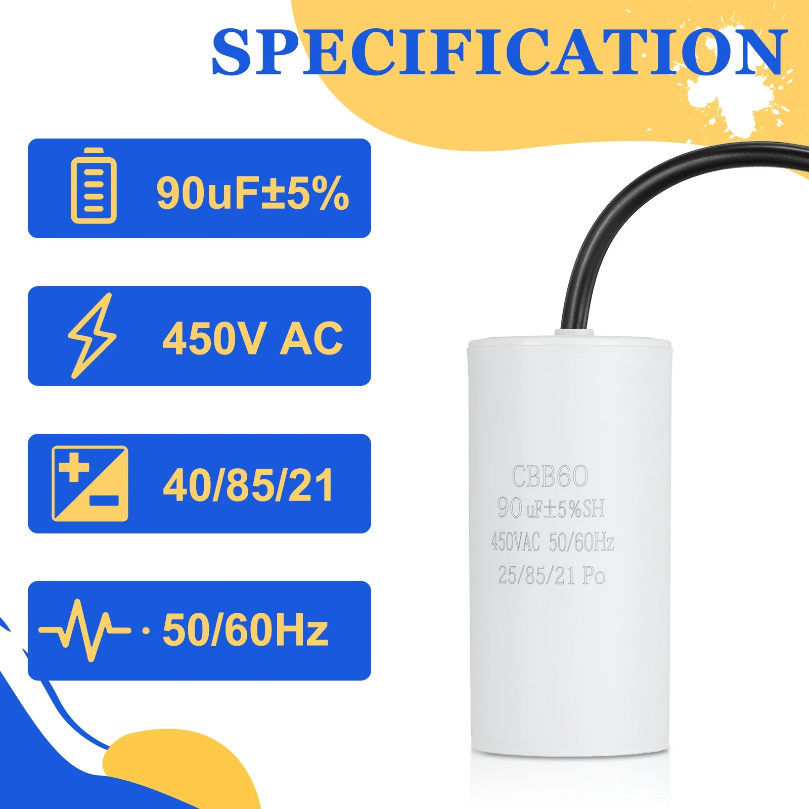 Uxcell 2Pcs CBB60 Run Capacitor 90uf 450V AC 2 Wires 50/60Hz Cylinder 102x37mm White - Image 4