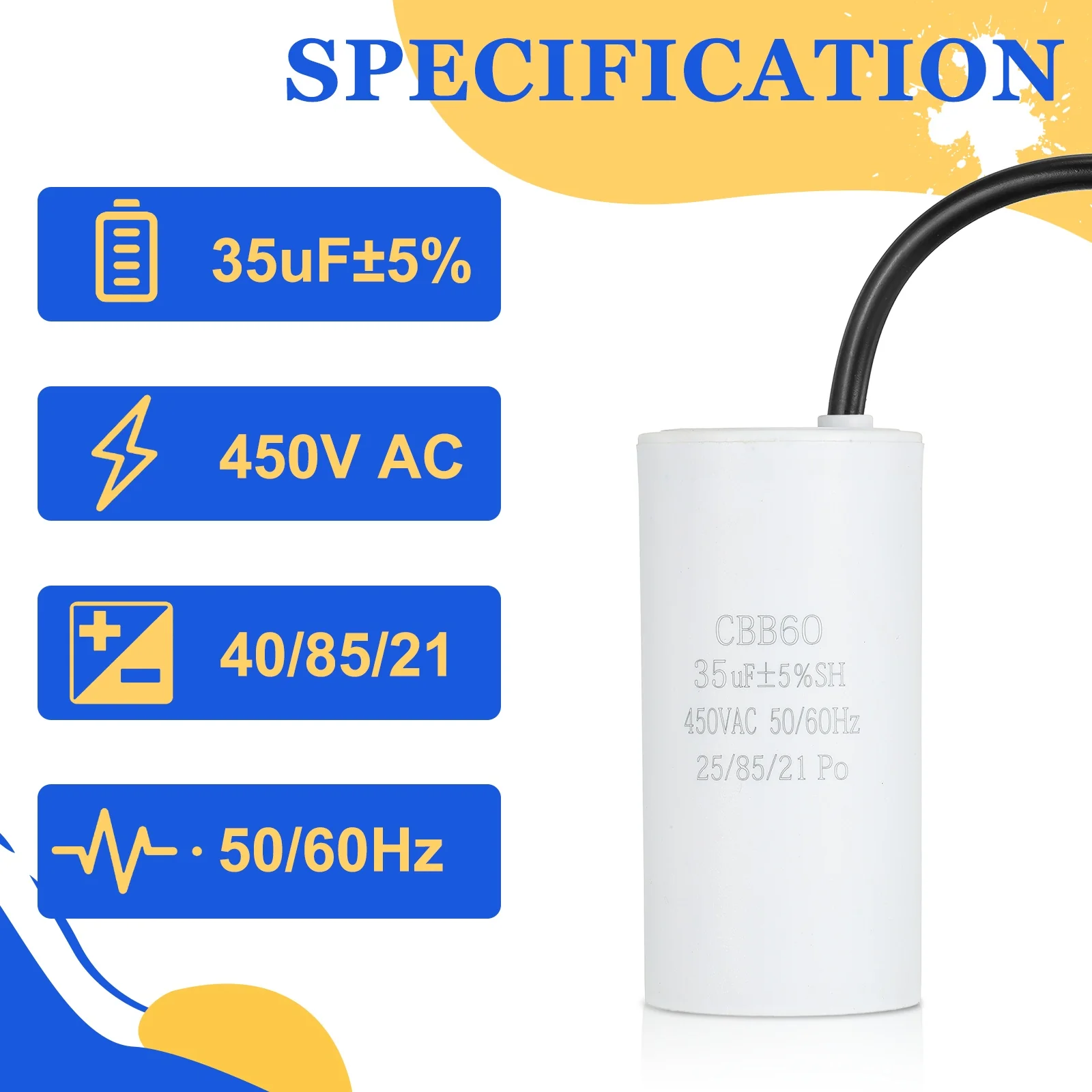 Uxcell 2Pcs CBB60 Run Capacitor 35uf 450V AC 2 Wires 50/60Hz Cylinder 102x50mm White - Image 4