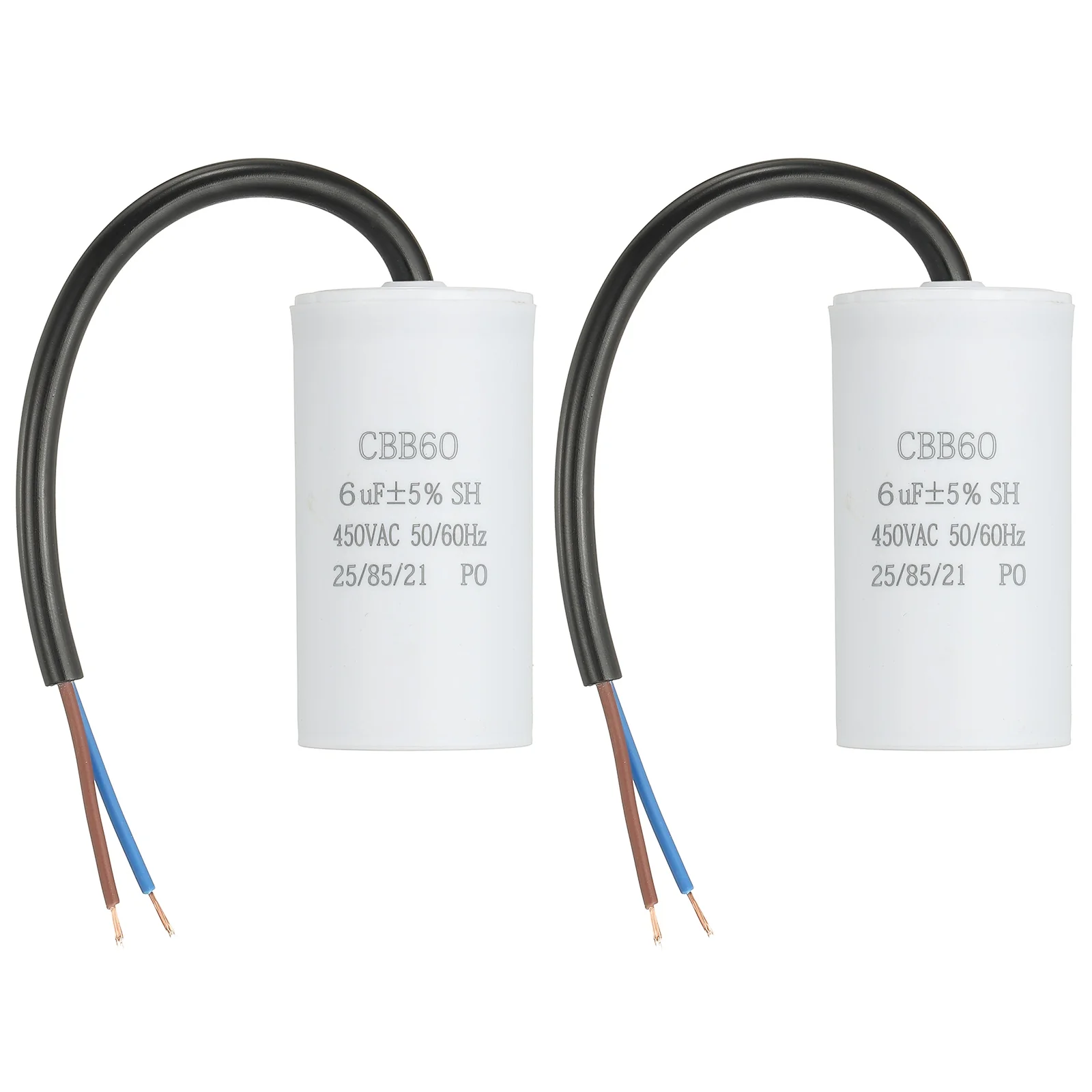 Uxcell 2Pcs CBB60 Run Capacitor 6uf 450V AC 2 Wires 50/60Hz Cylinder 65x34mm White