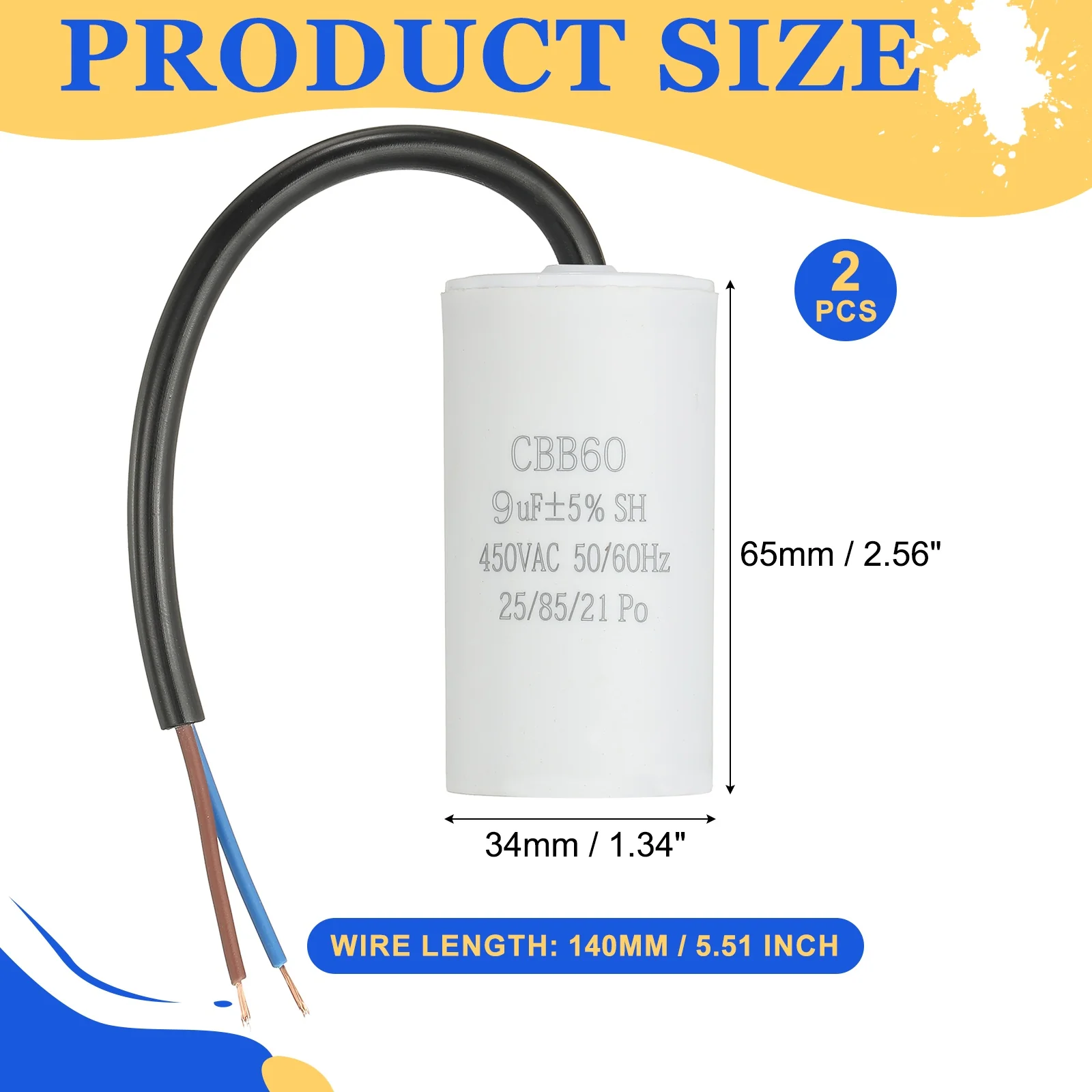 Uxcell 2Pcs CBB60 Run Capacitor 9uf 450V AC 2 Wires 50/60Hz Cylinder 65x34mm White - Image 2